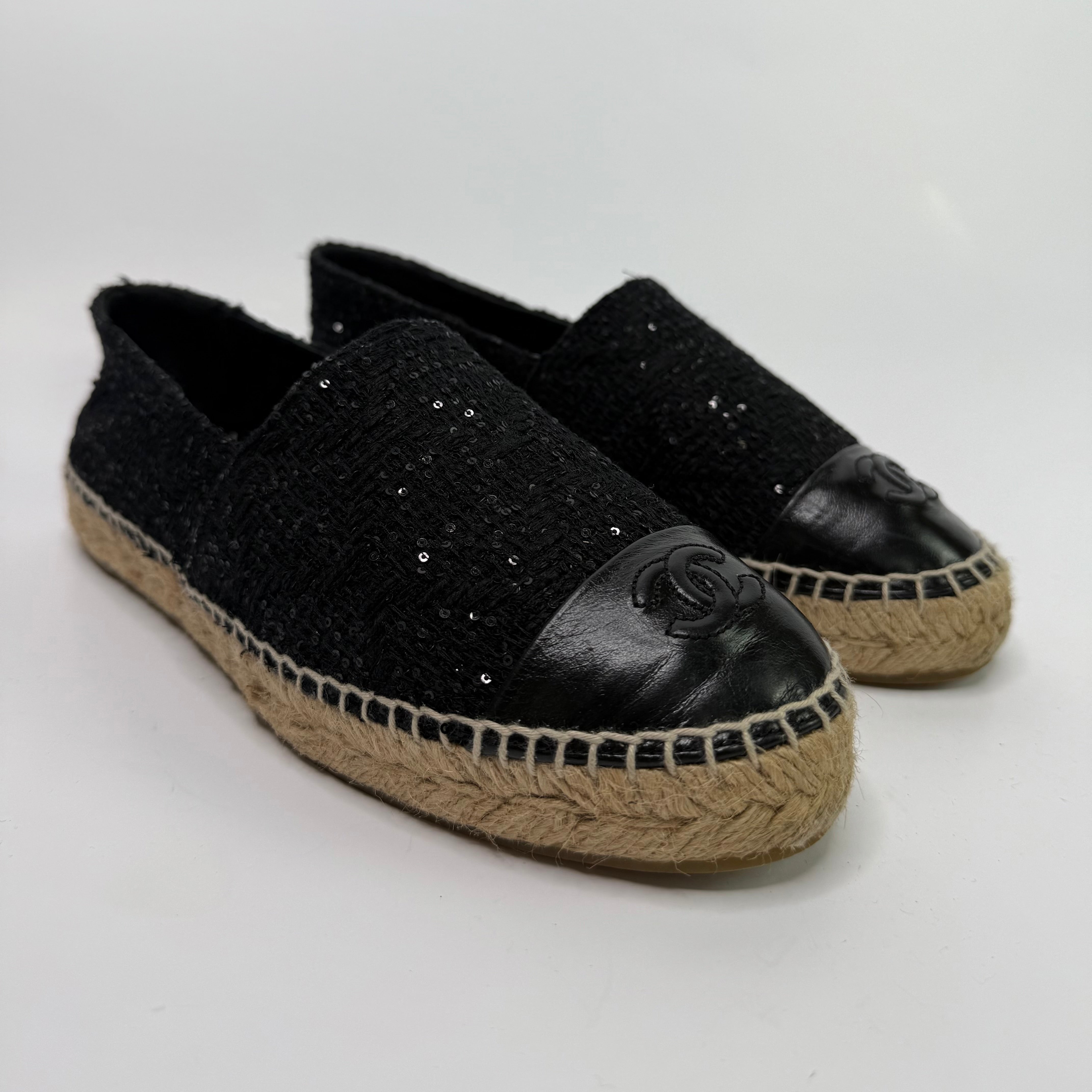 Chanel Black Glitter Espadrilles (Size 38/UK 5)