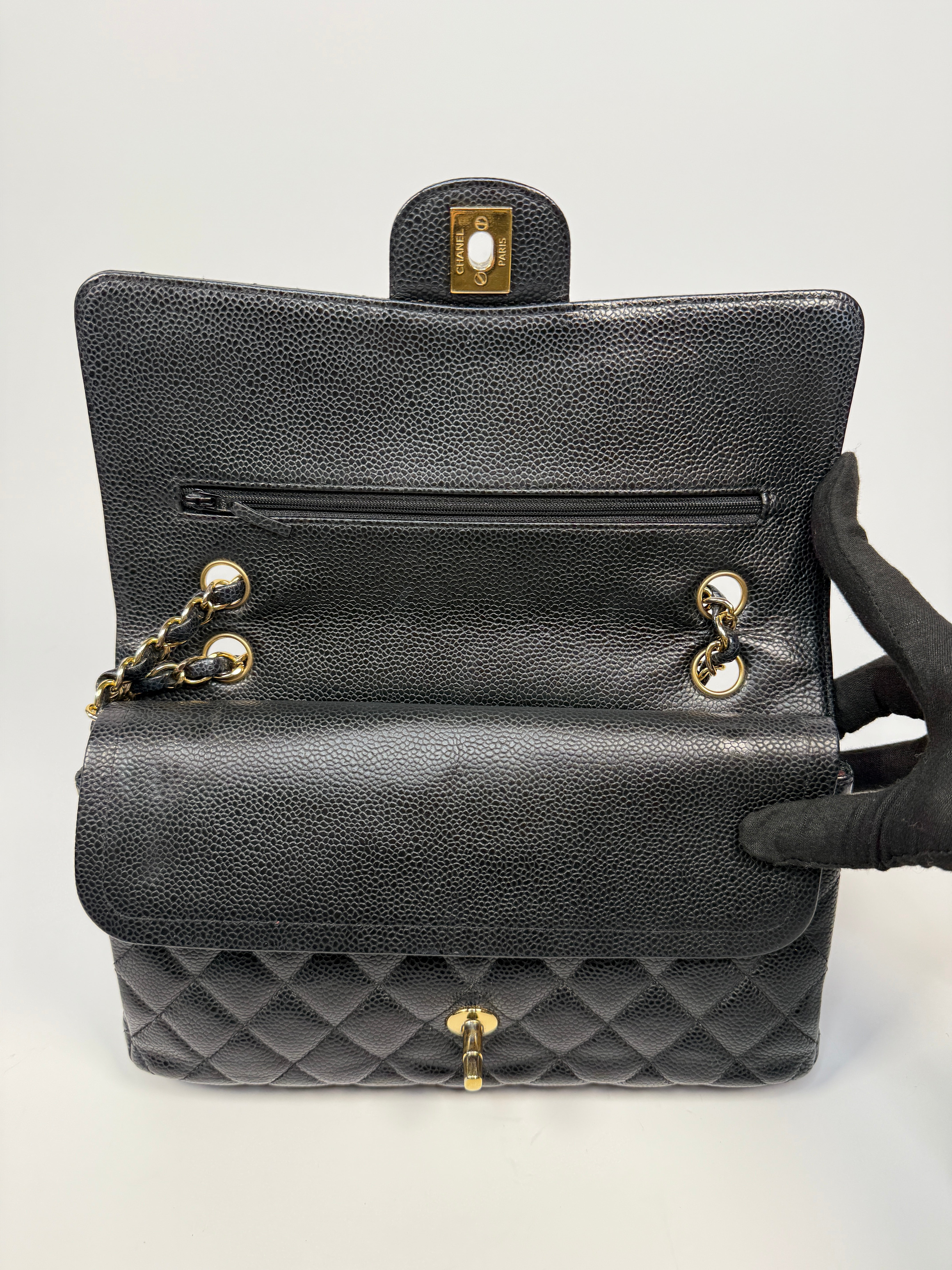 Chanel Medium Classic Double Flap Black Caviar With Gold Hardware, Authentic And Preloved In Very Good Condition 