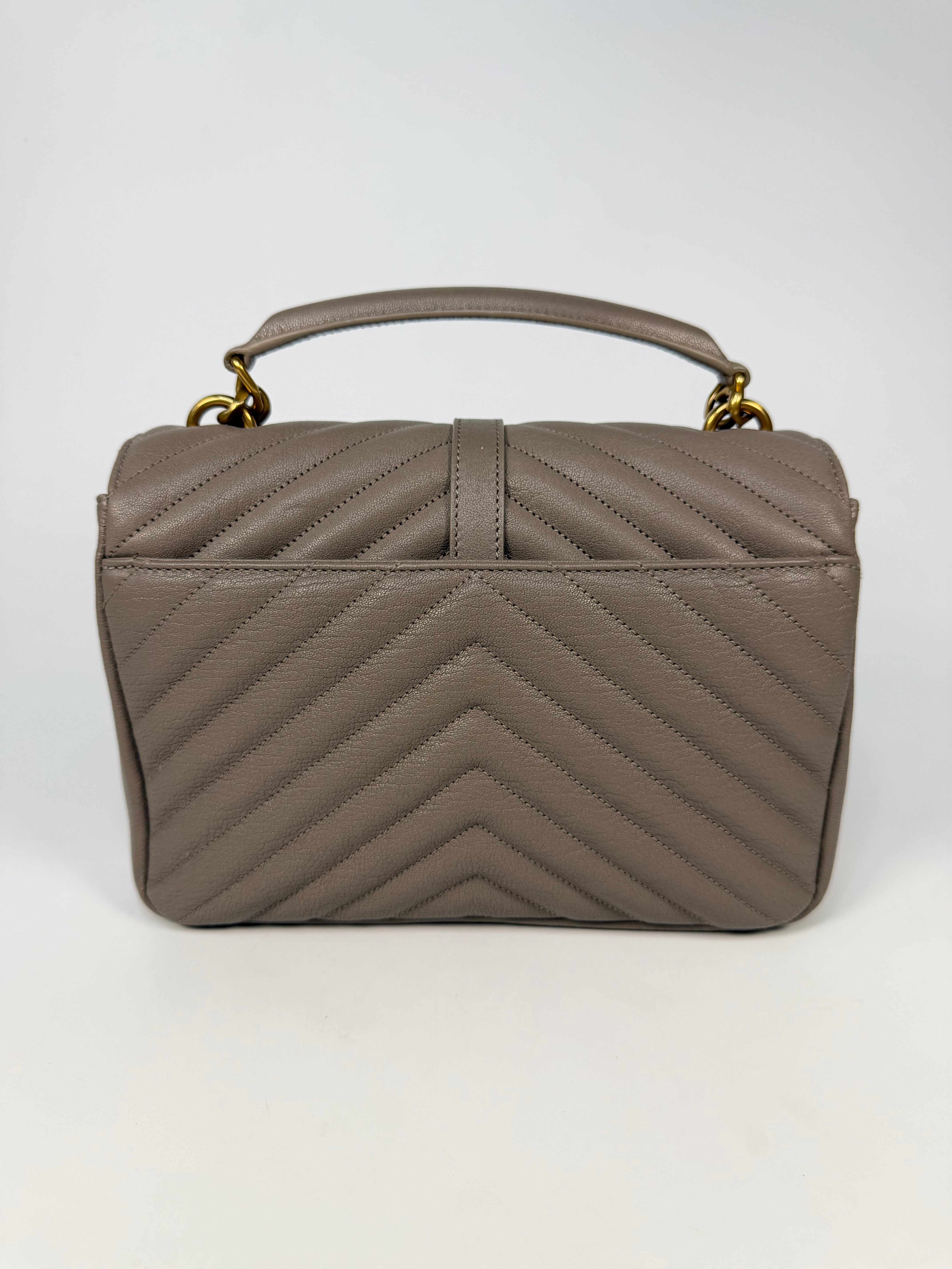 Saint Laurent Medium College Bag In Taupe Leather Gold Hardware. Authentic and preloved in new unused condition. Insured next day delivery. Verified by luxe cheshire