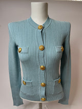 Balmain Blue Ribbed Knit Cardigan (Size 34/ UK 6)