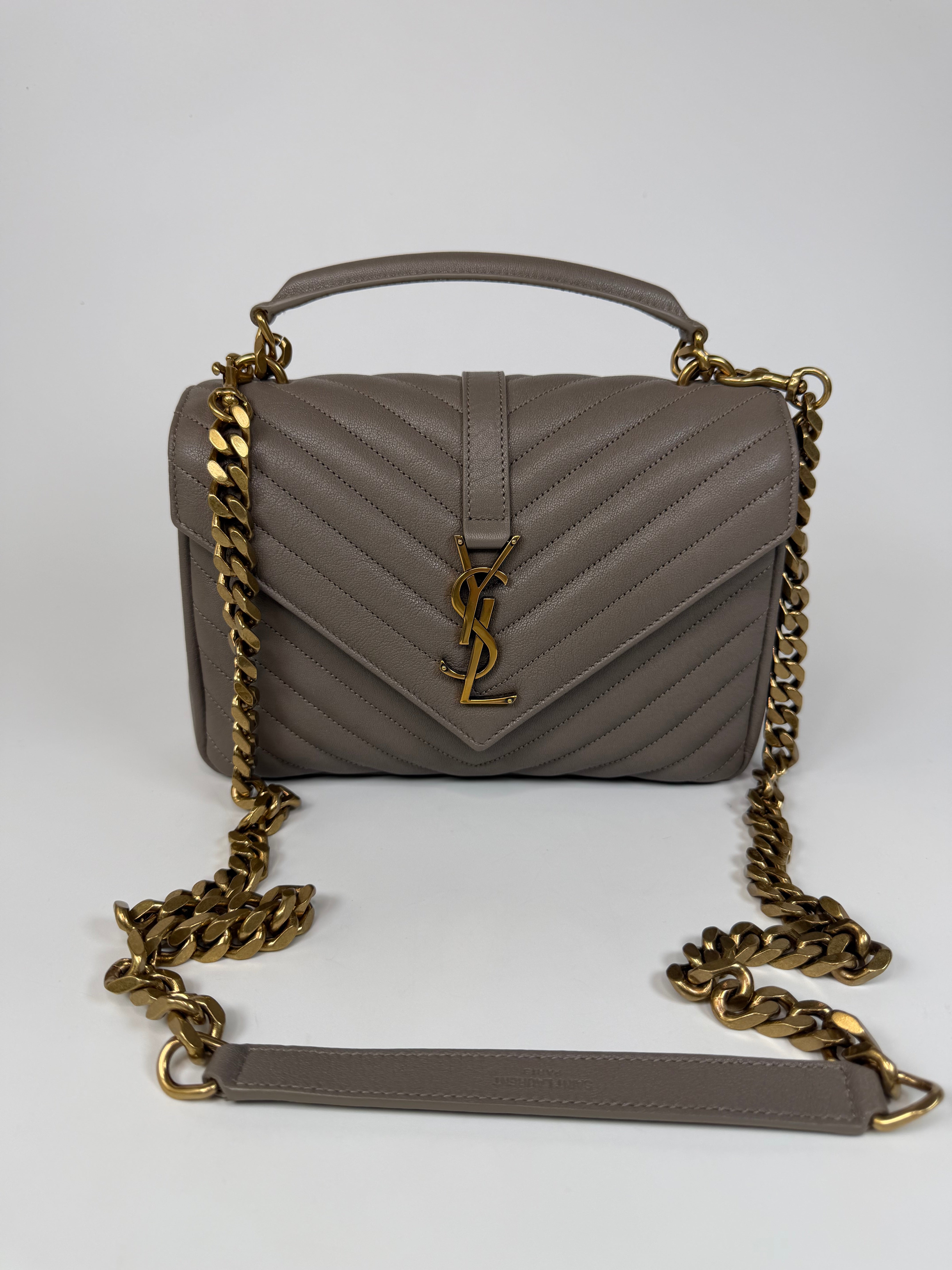Saint Laurent Medium College Bag In Taupe Leather Gold Hardware. Authentic and preloved in new unused condition. Insured next day delivery. Verified by luxe cheshire