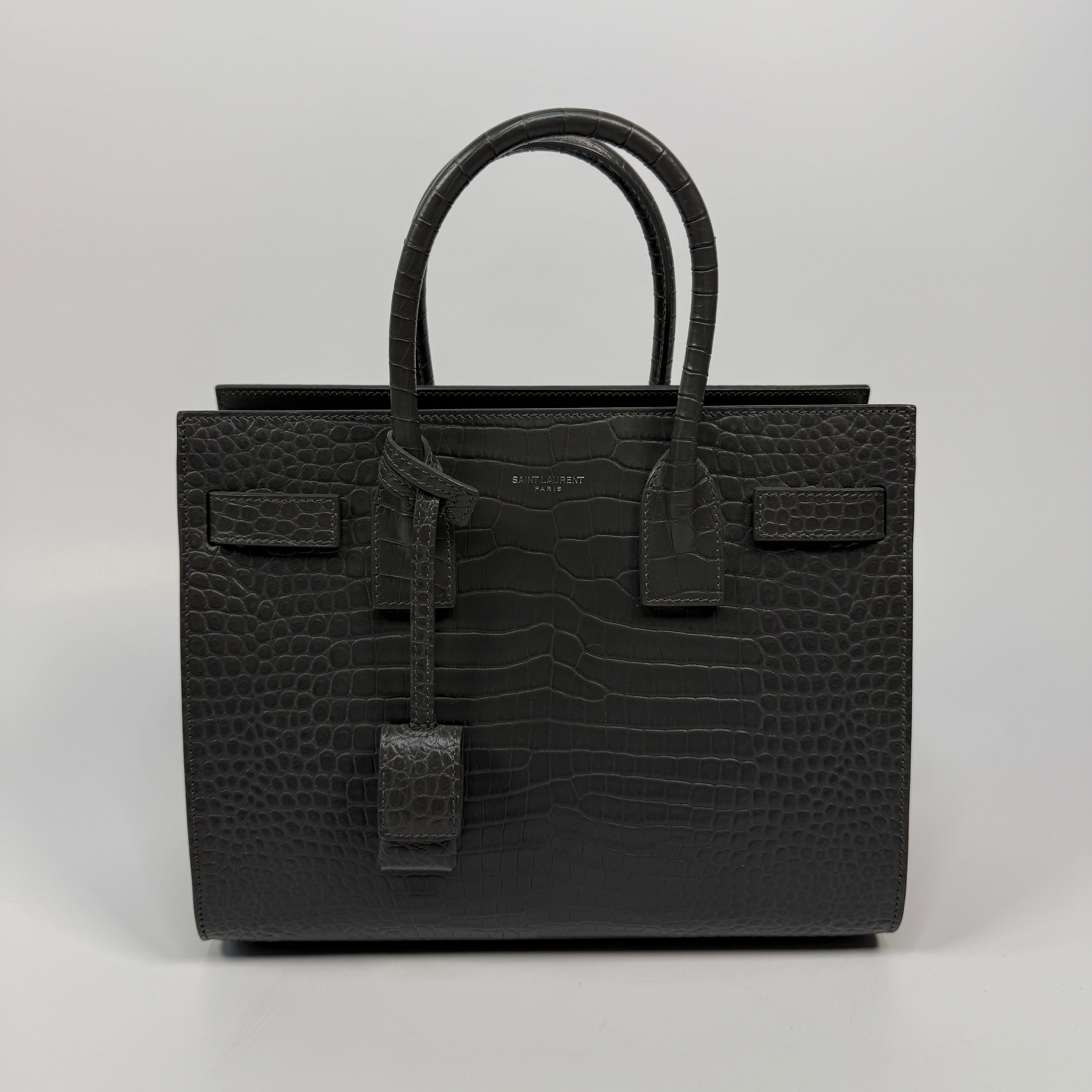 Saint Laurent Small Sac De Jour In Grey Croc Embossed Leather With Silver hardware, authentic and preloved in excellent condition
