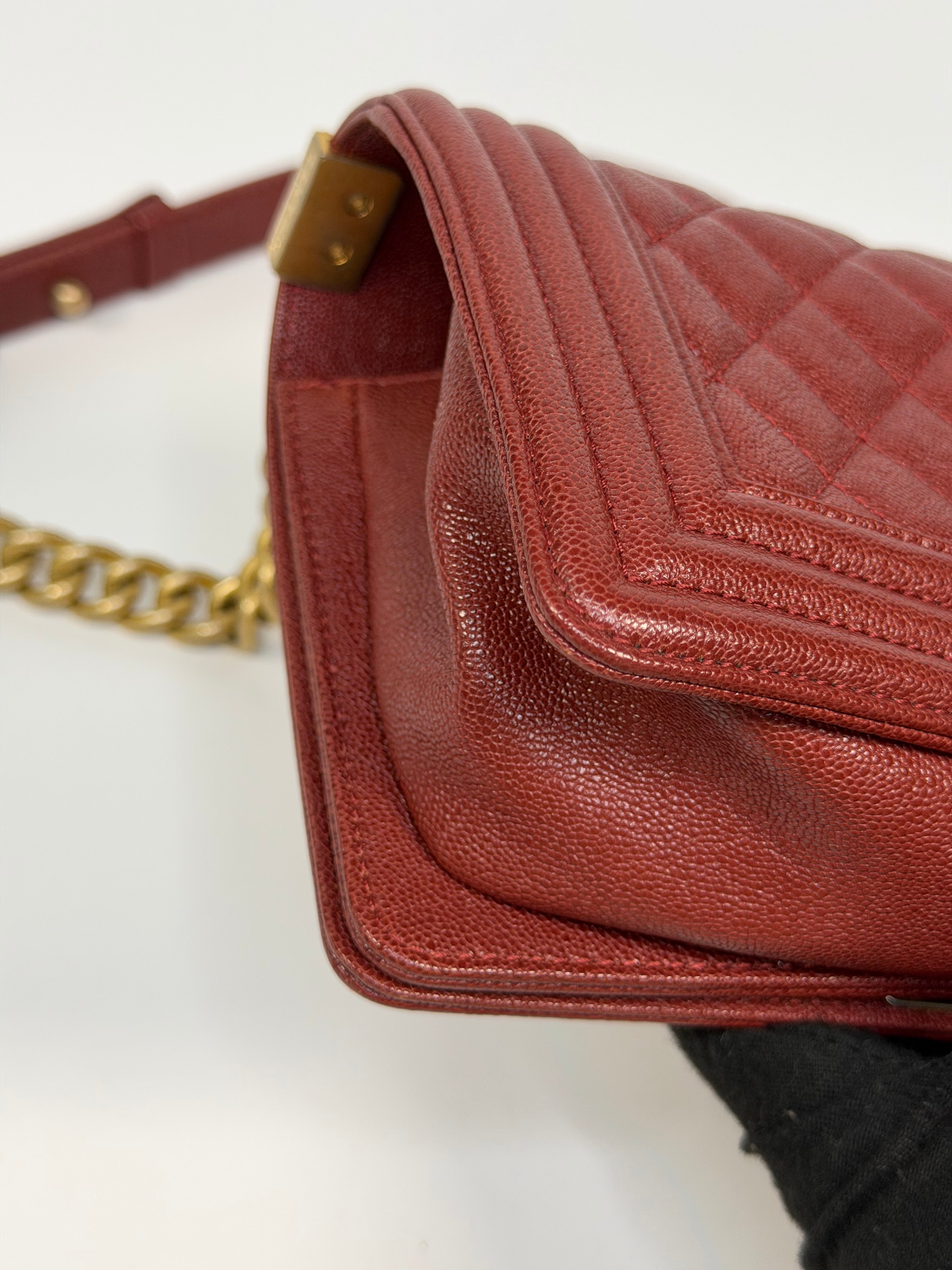 Chanel Le Boy Bag In Burgundy Caviar Leather Gold Hardware. Authentic and preloved in excellent condition.