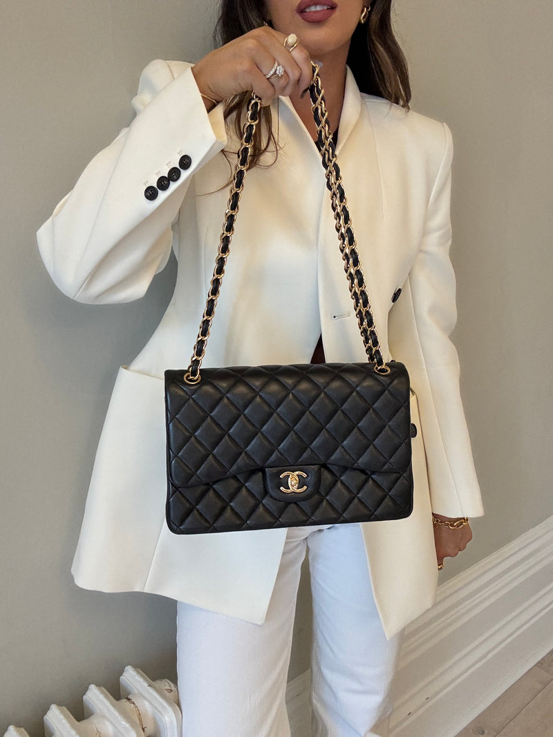 Chanel Jumbo Classic Flap Bag In Black Lambskin Leather With GHW