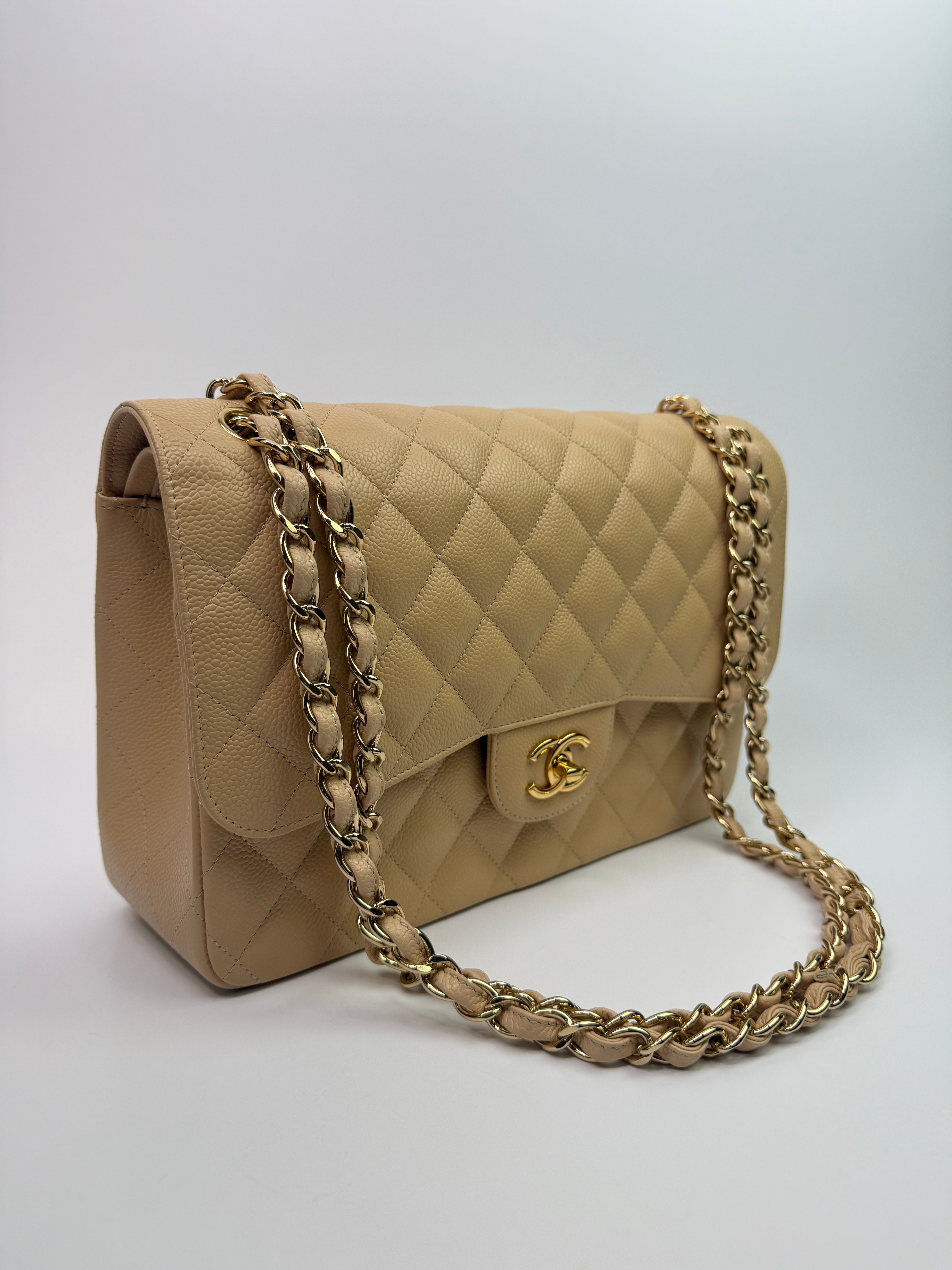 Chanel Jumbo Classic Double Flap In Beige Caviar Leather with GHW