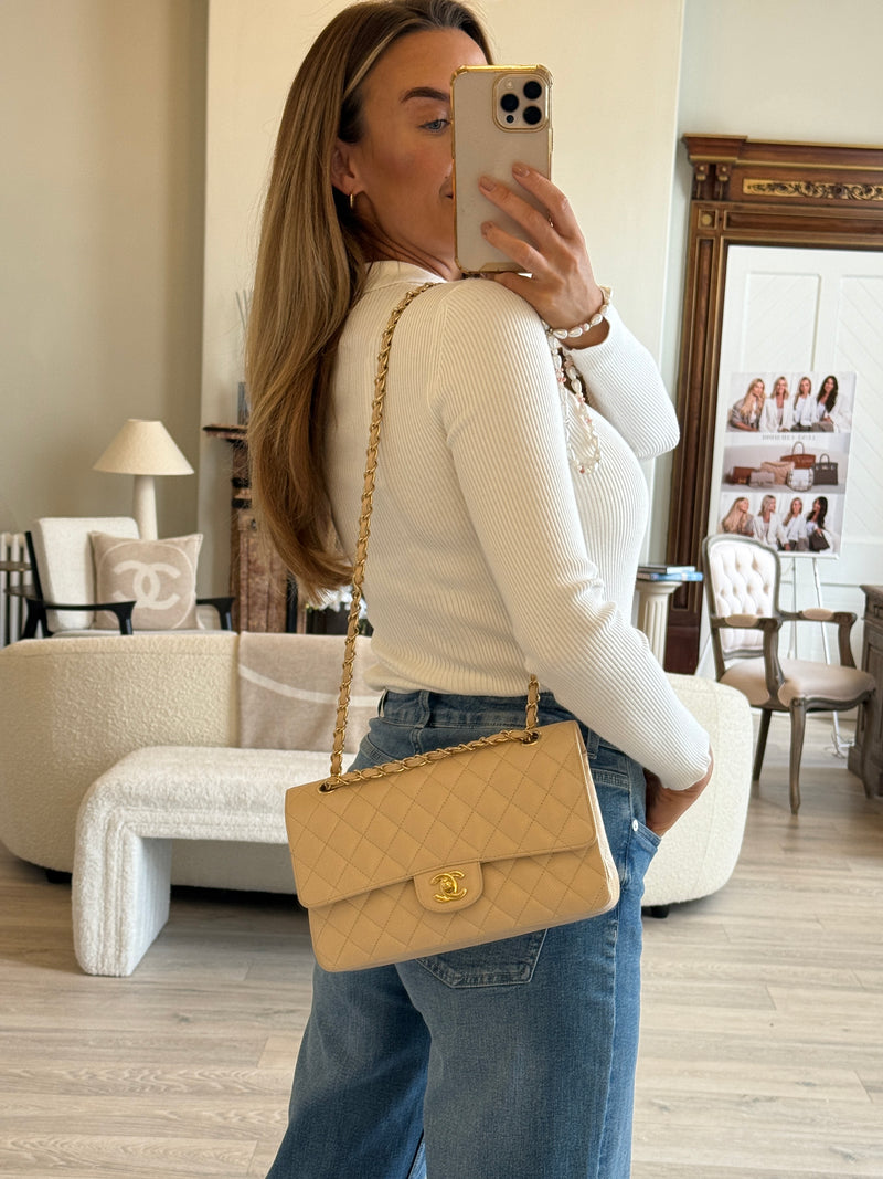 Chanel Medium Classic Double Flap Beige Caviar Leather With GHW