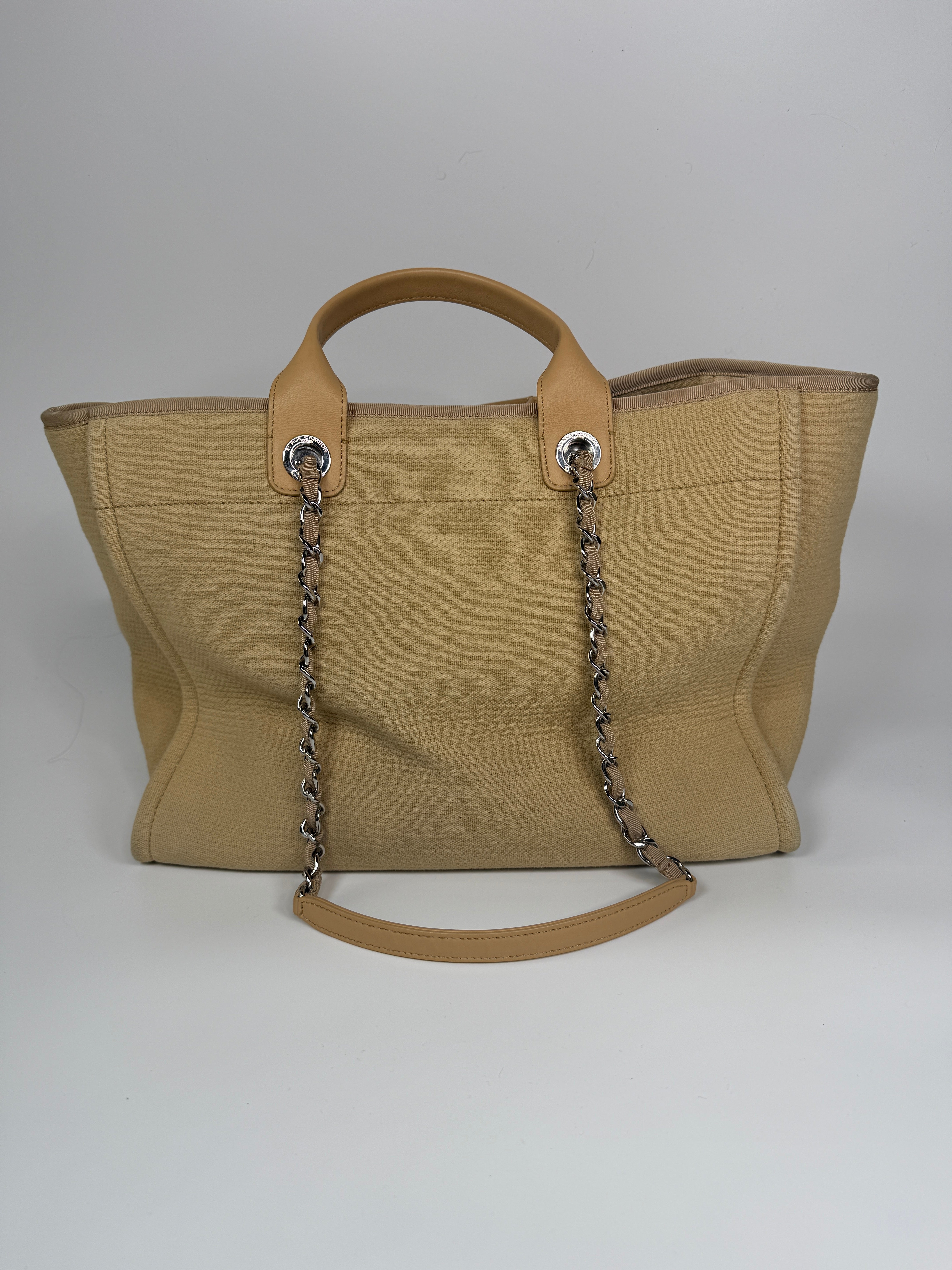 Chanel Large Deauville Tote Bag In Beige With Silver Hardware