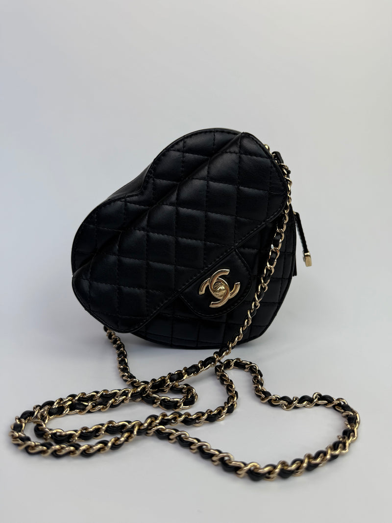 Chanel Heart Bag Large In Black Lambskin Leather With GHW