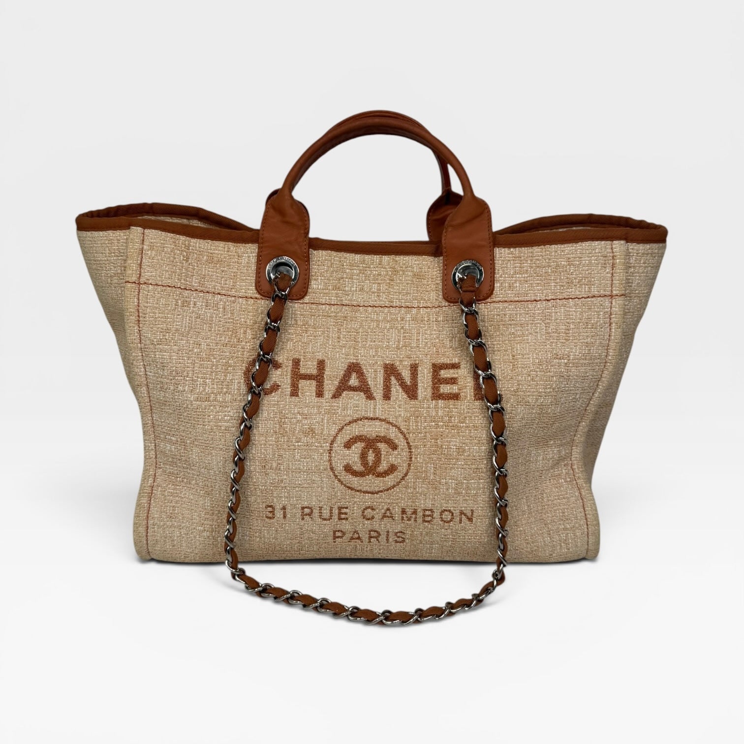 Chanel Large Deauville Tote Bag In Beige With Silver Hardware