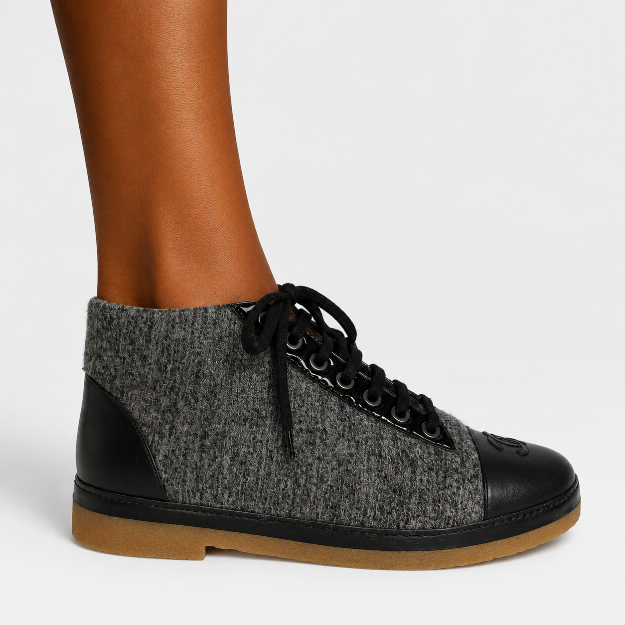Chanel CC Lace Up Ankle Boots In Grey & Black Tweed (Size 37/UK4)