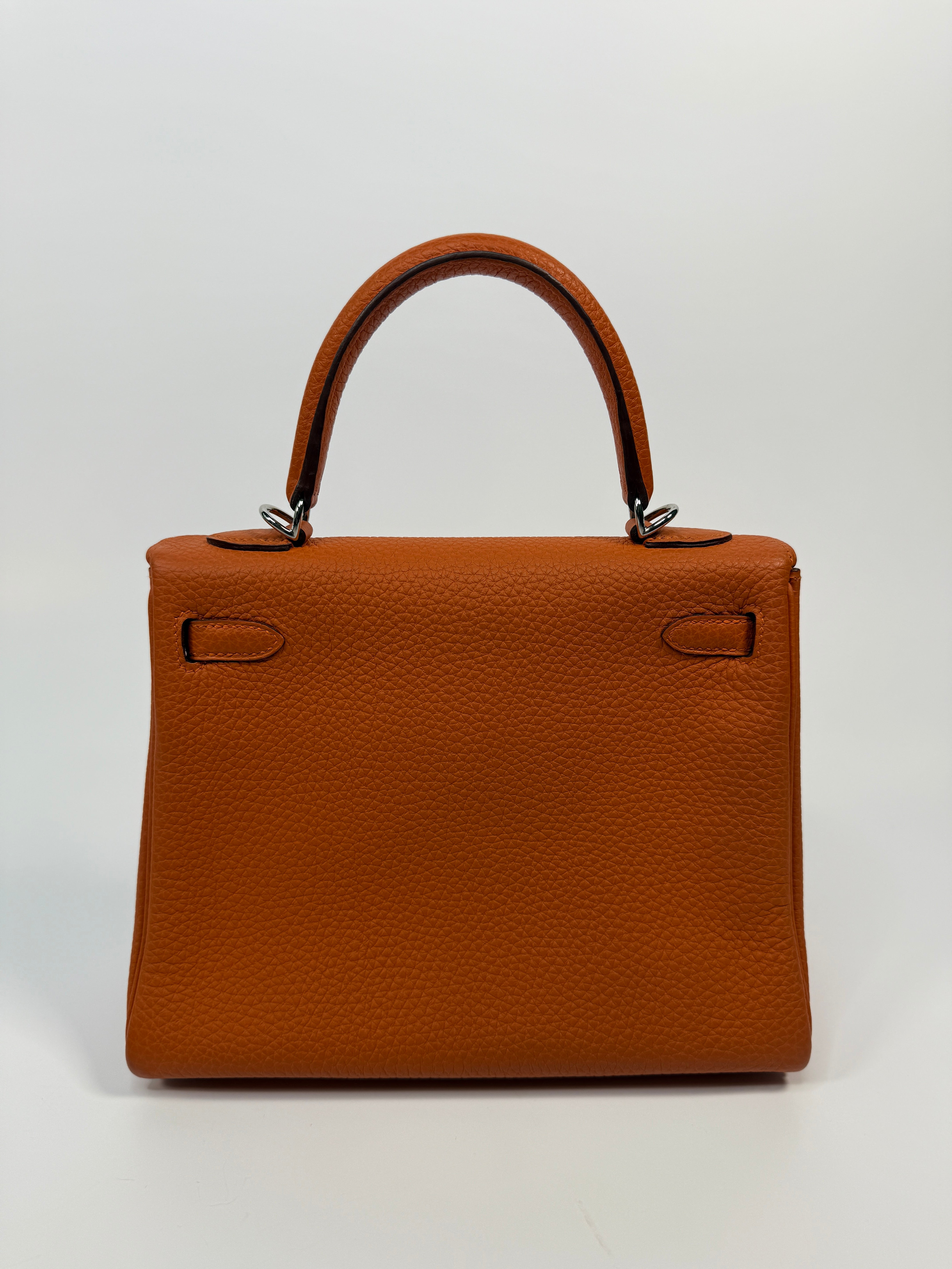 Authentic Pre Loved Hermès Kelly 25 In Orange Togo Leather With Palladium Hardware Excellent Condition