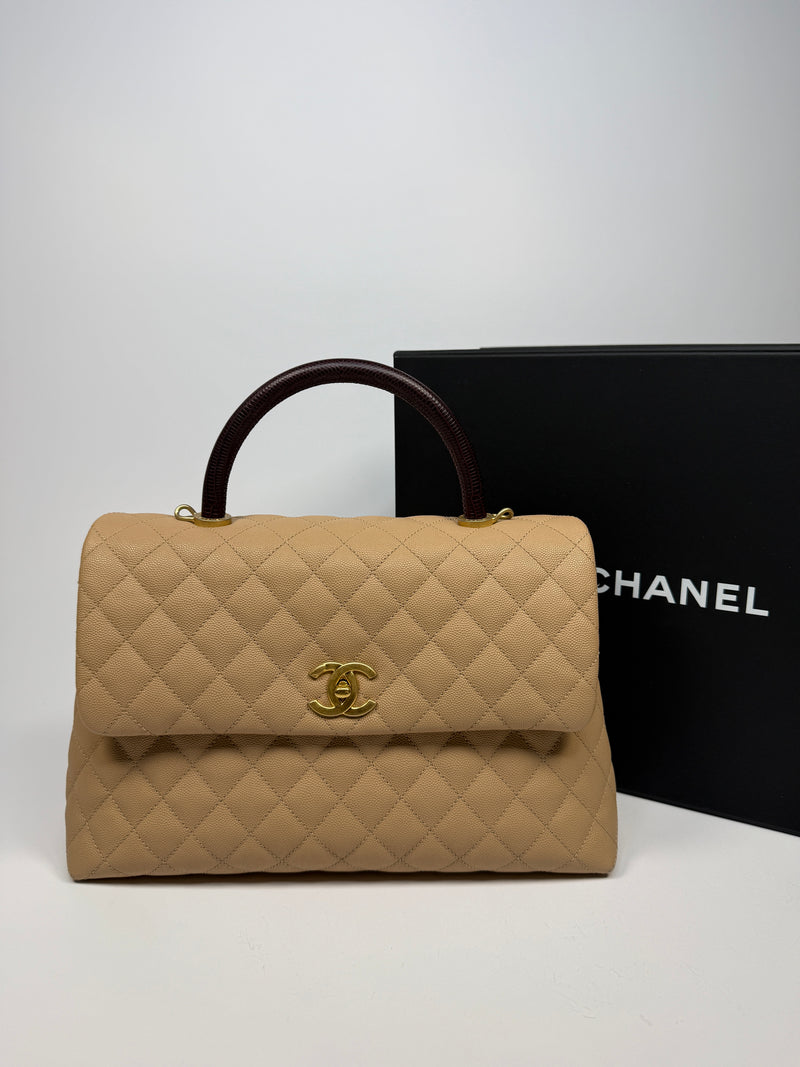 Chanel Coco Large Top Handle In Beige Caviar Leather With GHW