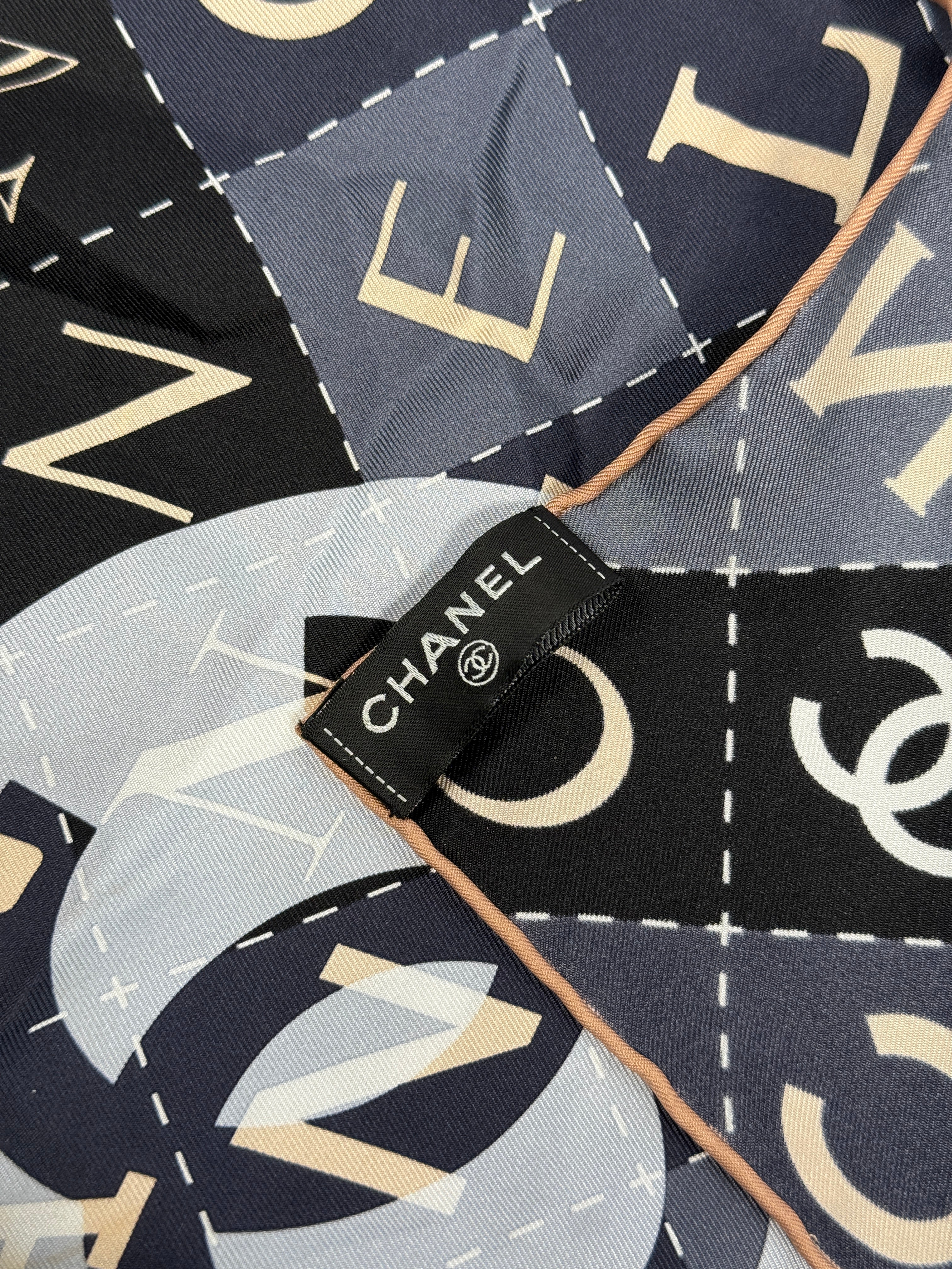 Chanel Silk CC Scarf In Navy And Nude Monogram, Authentic And Preloved In Excellent Condition