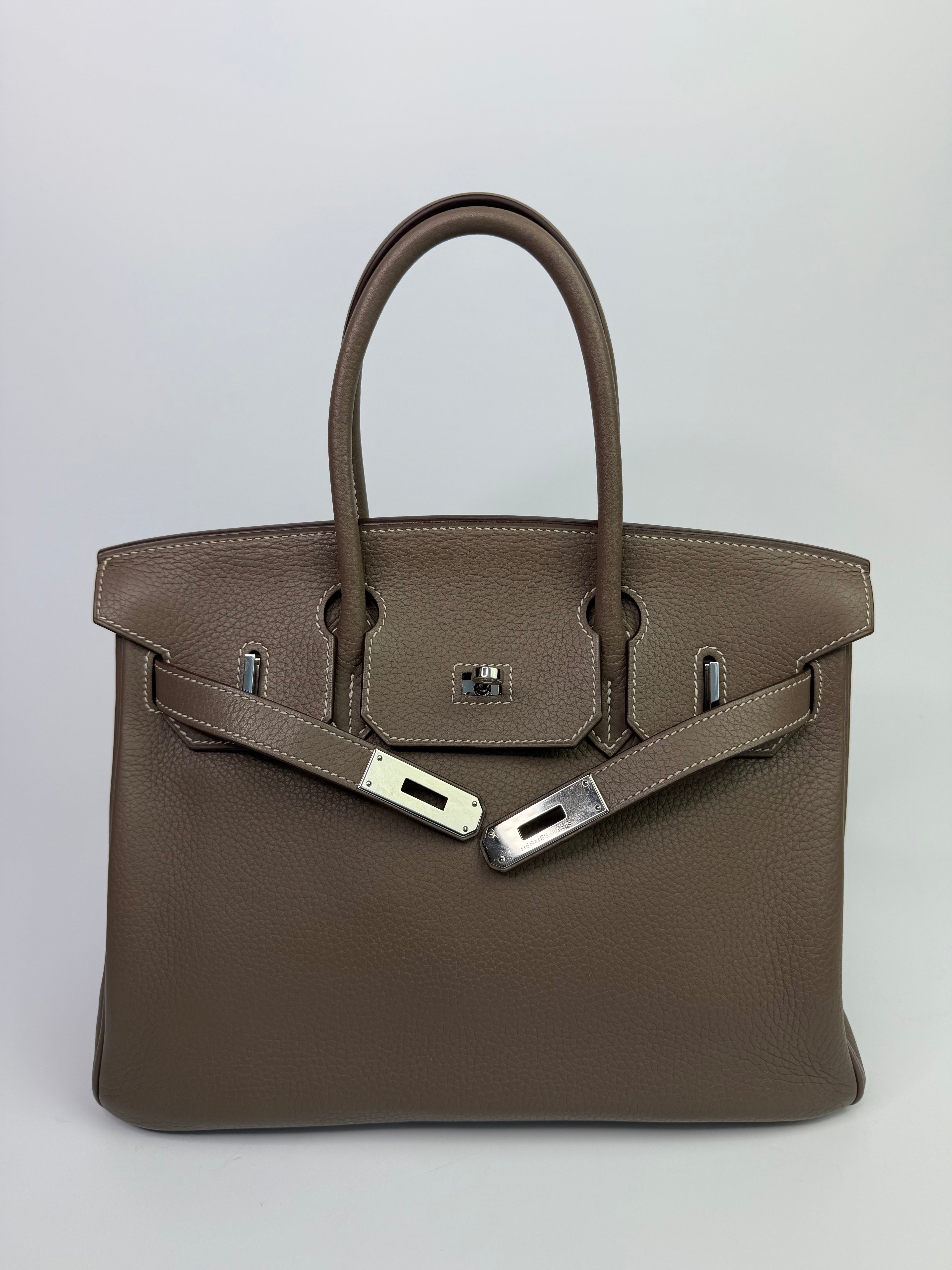 Authentic Pre Loved Hermès Birkin 30 In Etoupe Clemence Leather With Palladium Hardware Excellent Condition