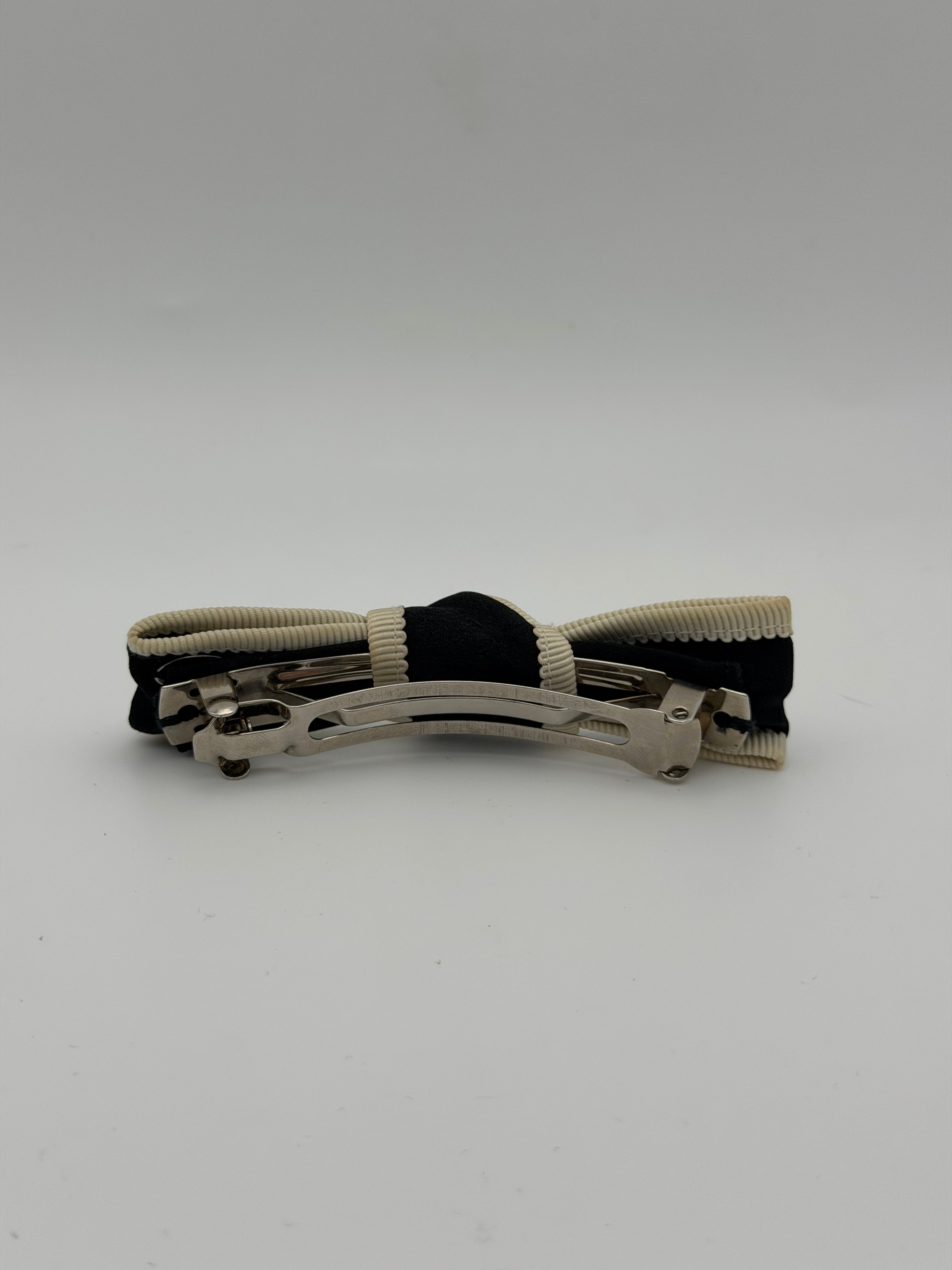 Chanel CC Logo Ribbon Bow Barrette In Black & Ivory Fabric With Silver Hardware