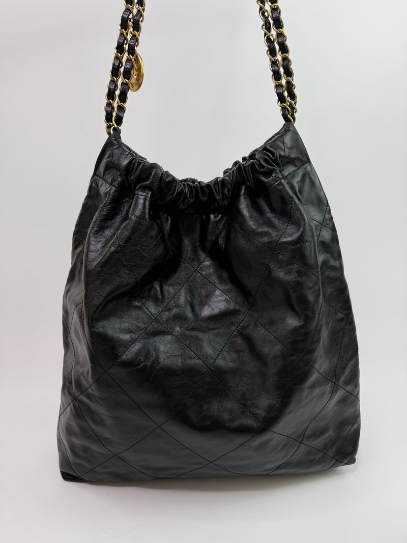 Chanel 22 Large In Black Calfskin Leather With GHW