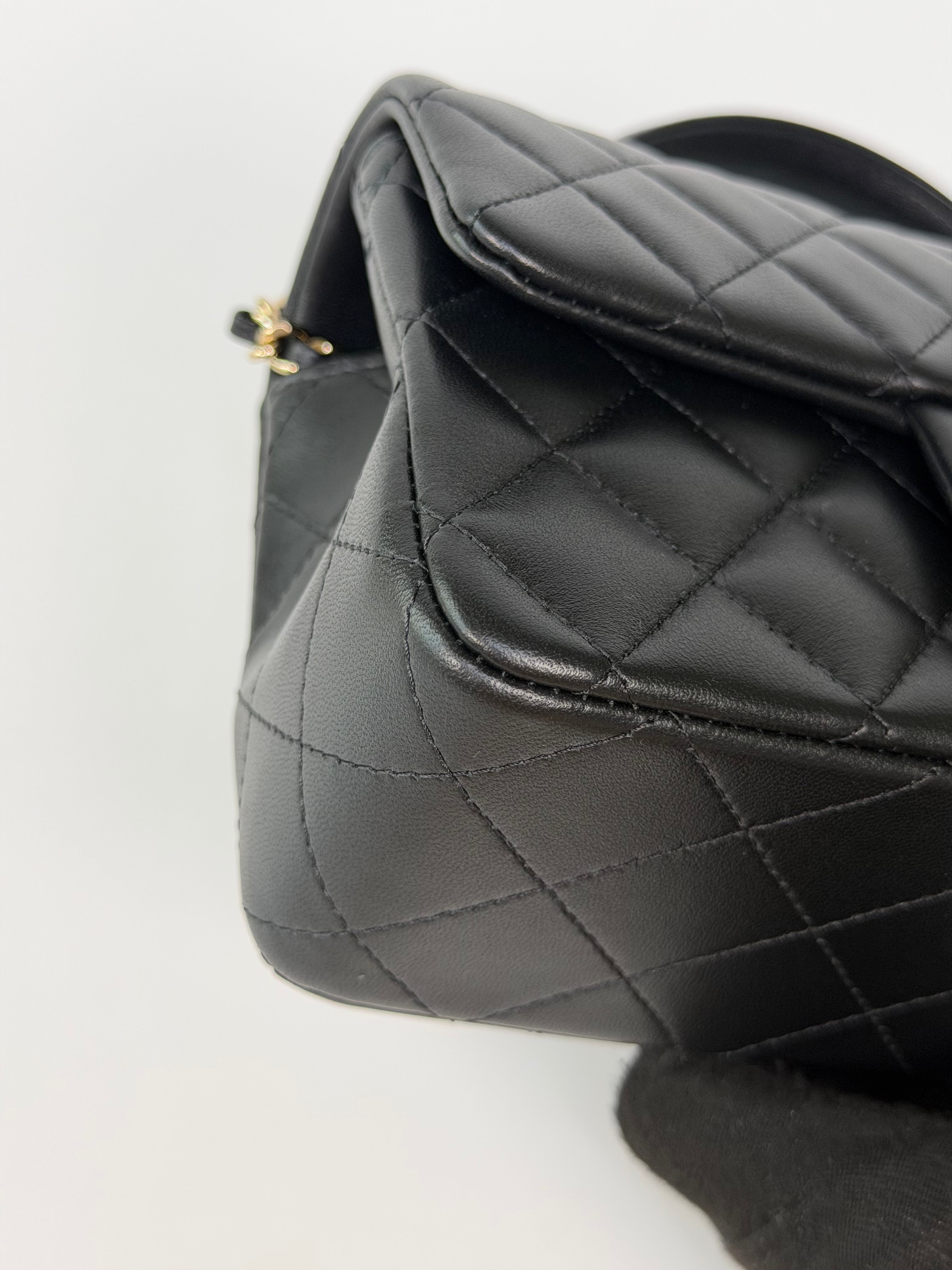 Chanel Mini Rectangle Top Handle In Black Lambskin Leather With Pale Gold Hardware