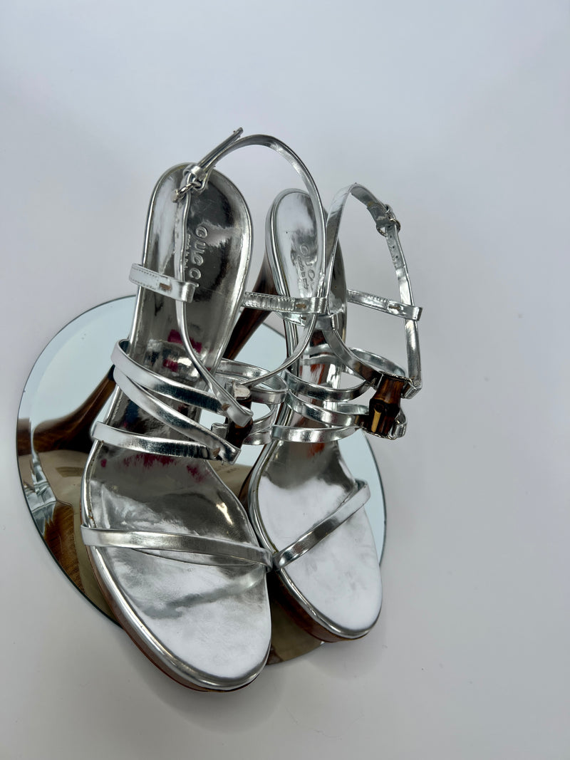 Gucci Silver Bamboo Icon Sandal Heels  (Size 38.5/UK 5.5)