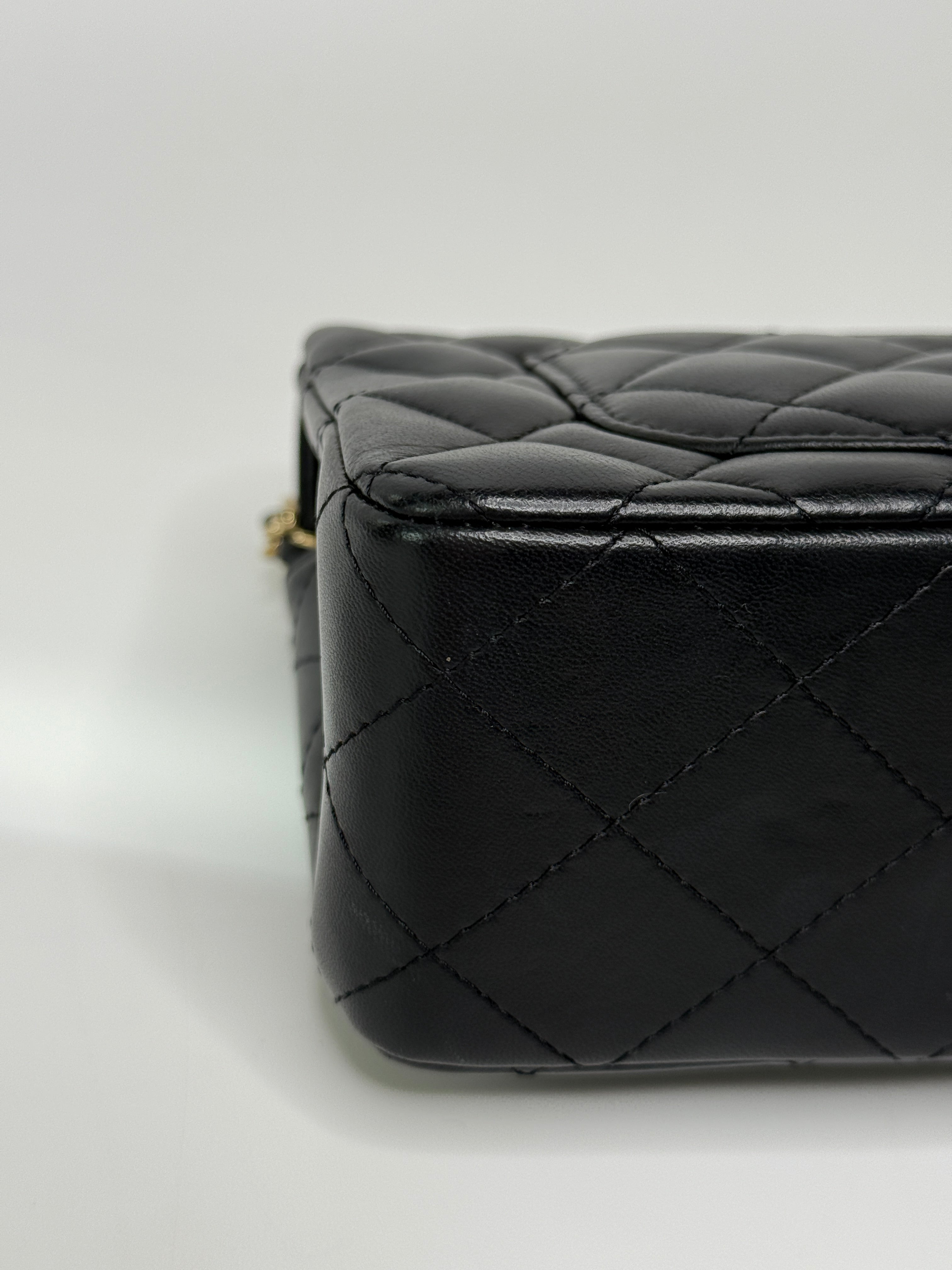 Chanel Mini Rectangle Top Handle Flap Bag In Black Lambskin With Pale Gold Hardware