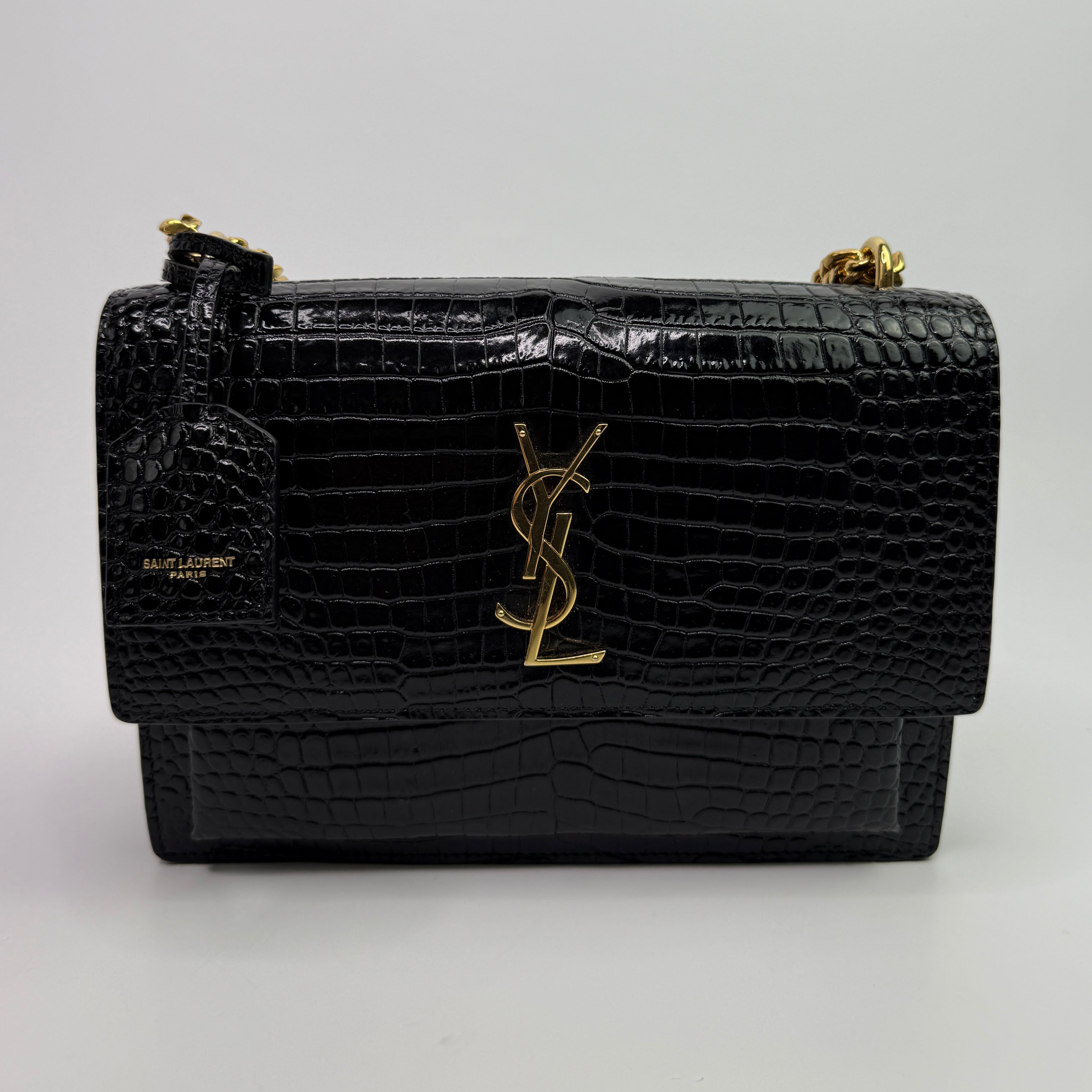 Saint Laurent Black Croc Embossed Sunset Bag