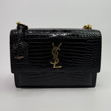 Saint Laurent Black Croc Embossed Sunset Bag