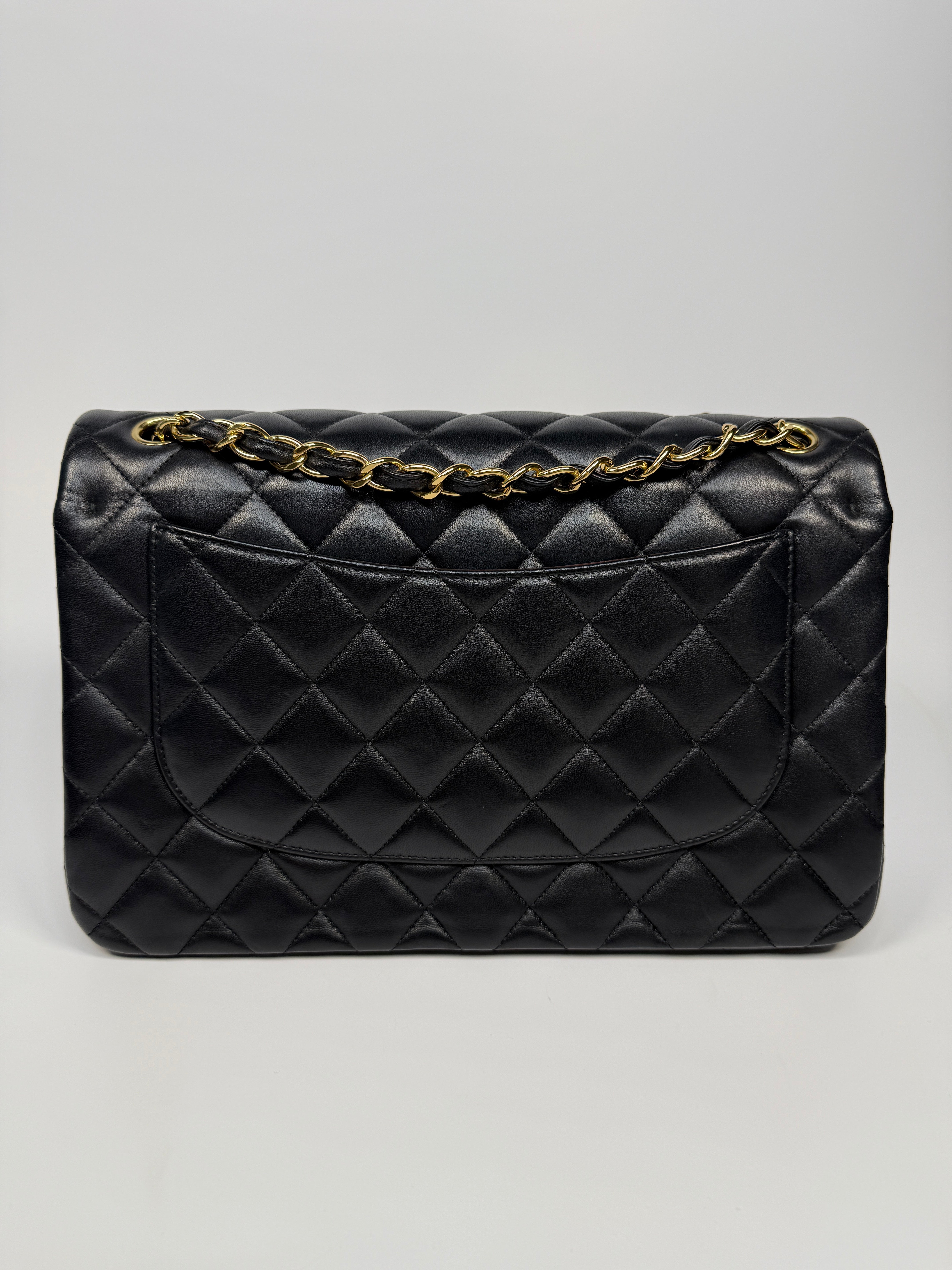 Chanel Jumbo Classic Flap Bag In Black Lambskin Leather With Gold Hardware
Pre Loved & Authentic