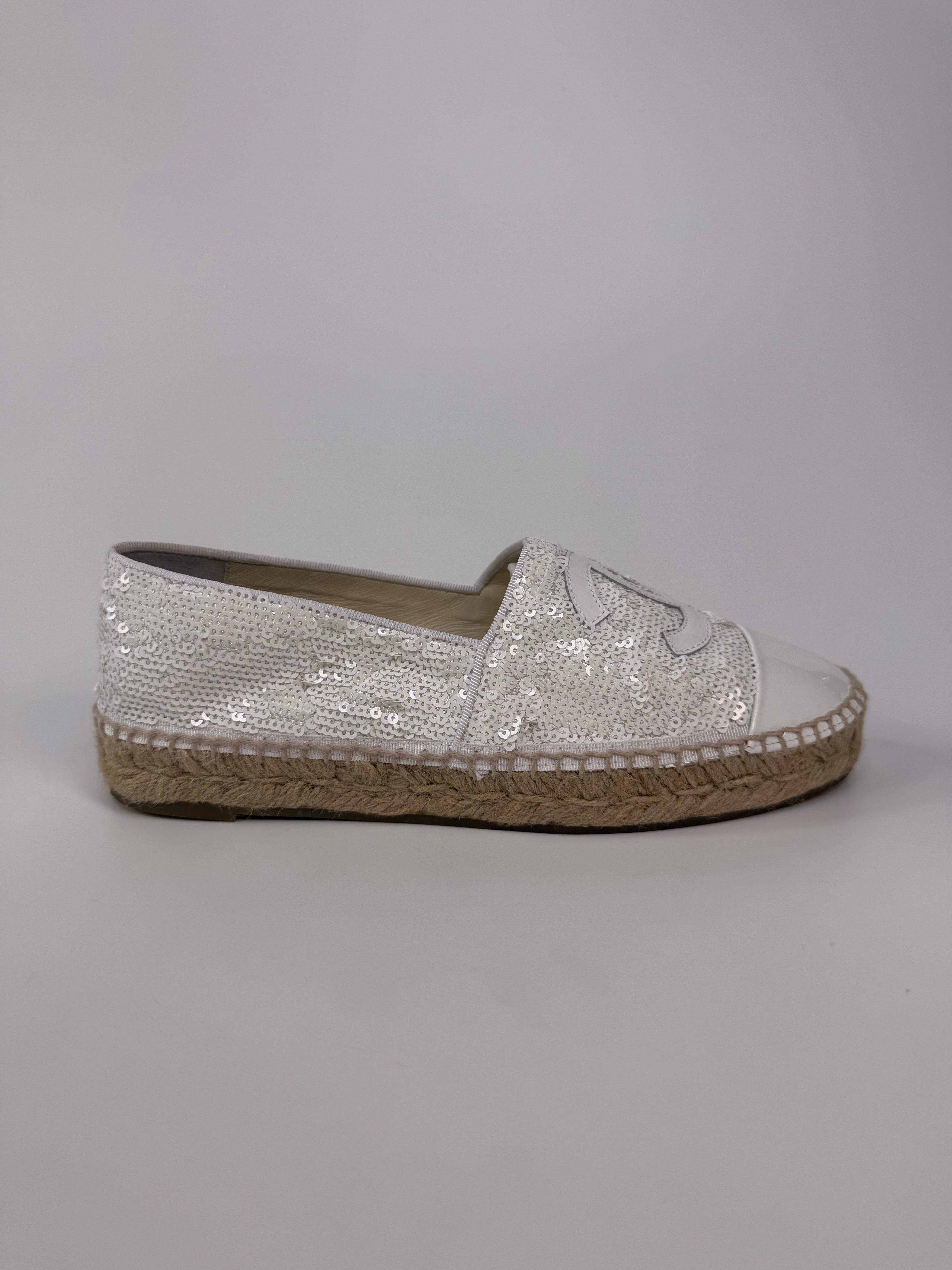 Chanel Sequin Espadrilles In White Patent Leather (Size 37/UK4) 100% authentic and preloved in excellent condition
