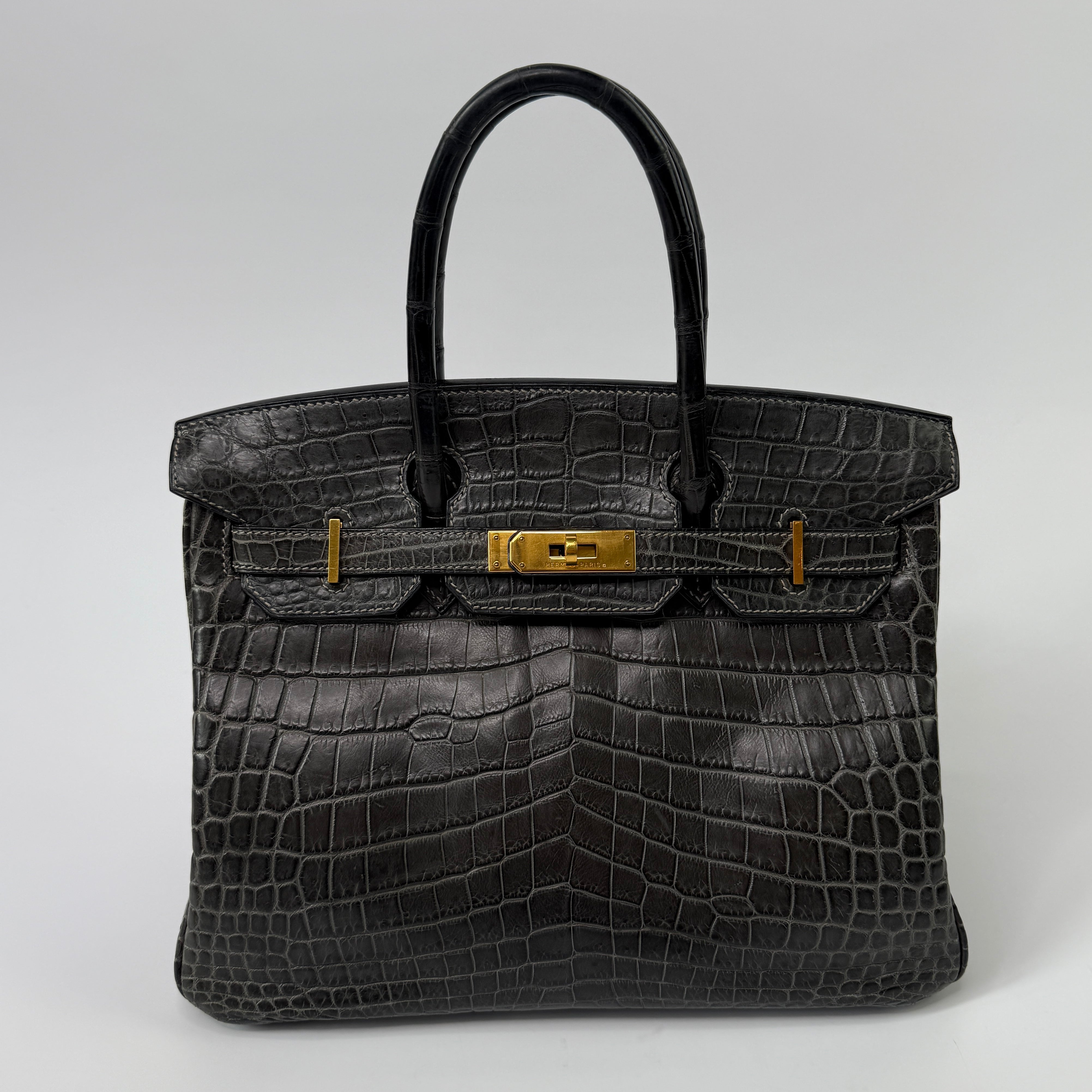 Authentic Pre Loved Hermès Birkin 30 In Matte Graphite Crocodile With Gold Hardware Excellent Condition