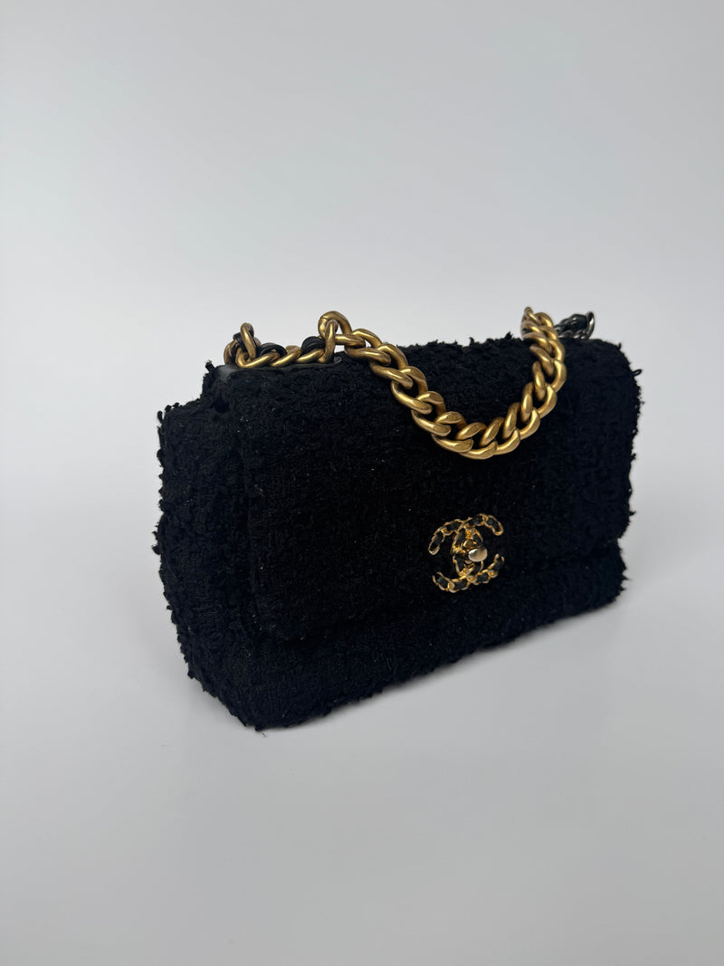 Chanel 19 Small In Black Bouclé Tweed