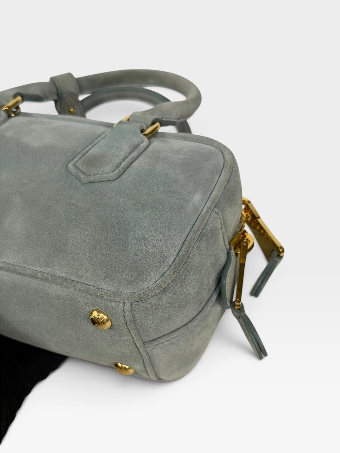 Miu Miu Arcadie Padded Top Handle In Powder Blue Suede Gold Hardware. 100% authentic and preloved in new & unused condition.