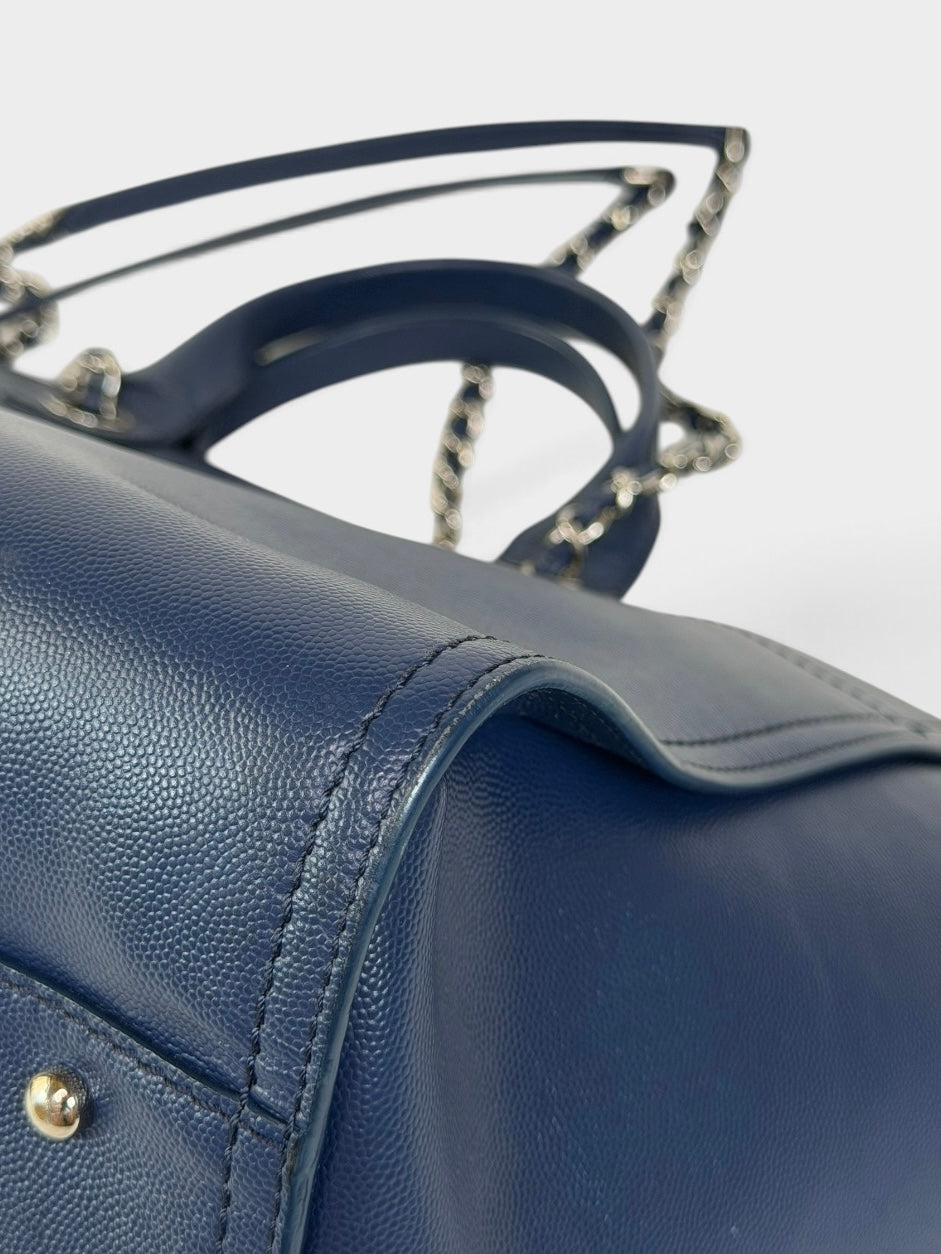 Chanel Medium Deauville In Blue Leather With Silver Hardware. Authentic and preloved in very good condition. 100% Luxe guarantee 