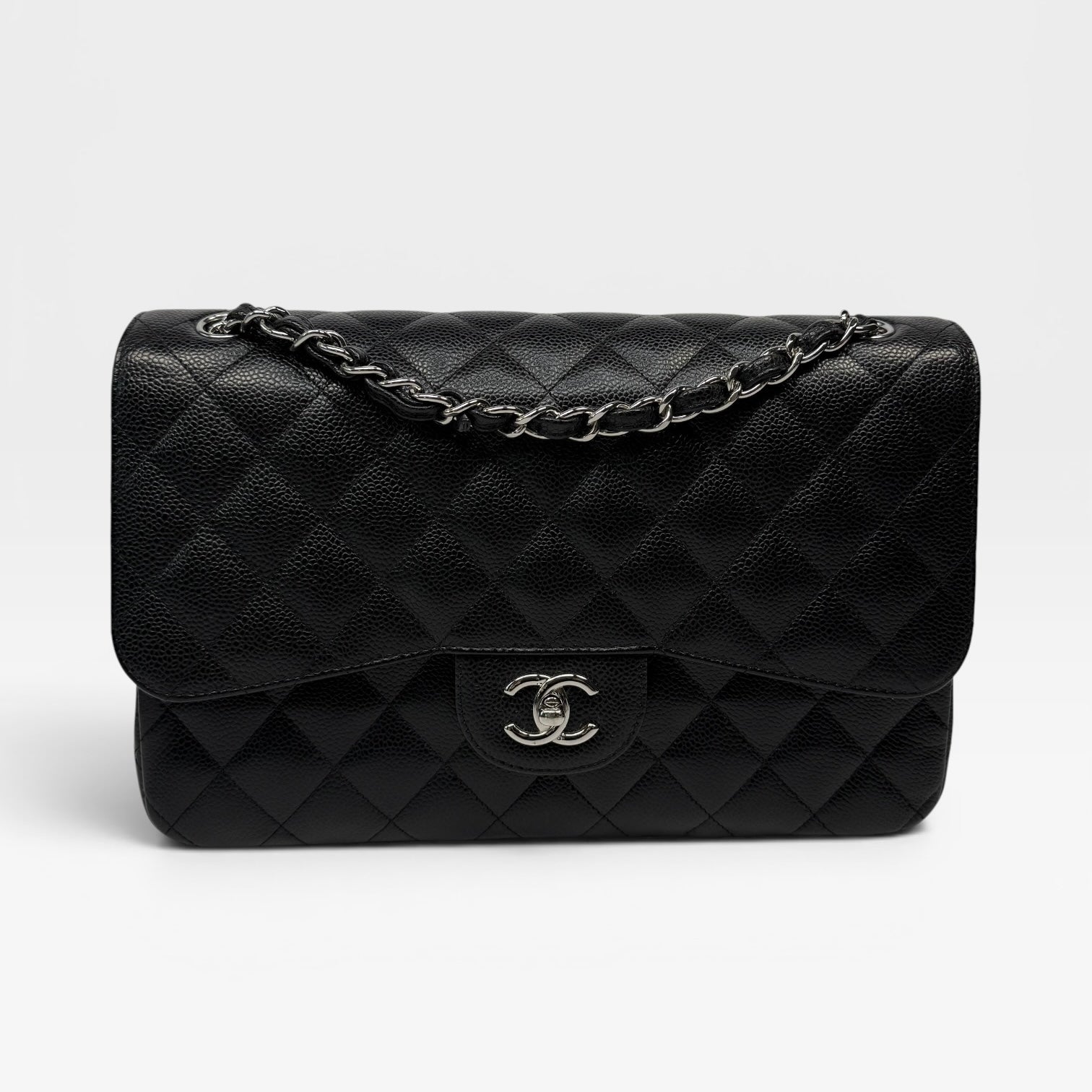 Chanel Black Caviar Leather Jumbo Classic Double Flap Silver Hardware