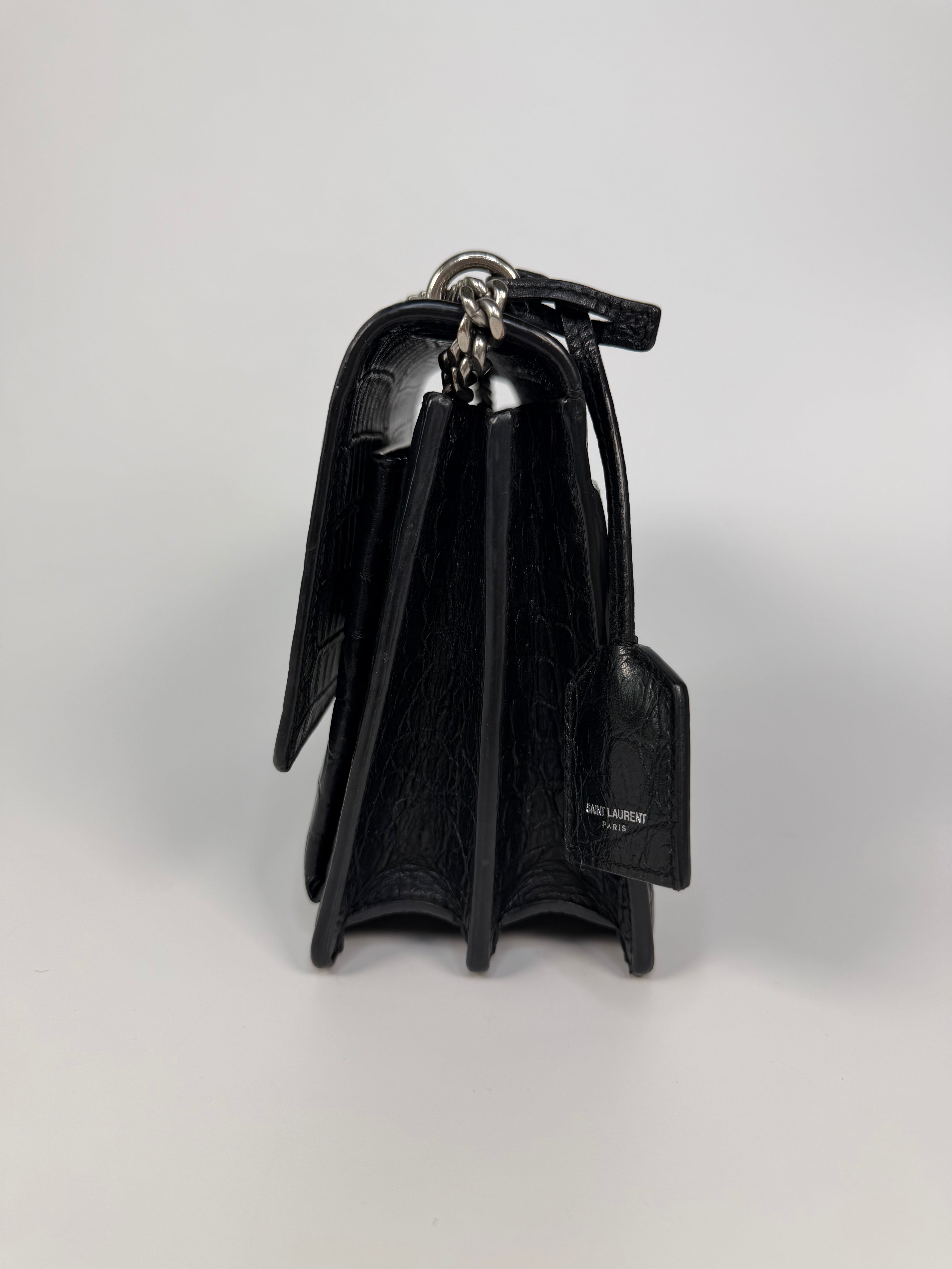 Saint Laurent Sunset Bag In Noir Croc Embossed Leather Silver Hardware. 100% authentic and preloved in very good condition.