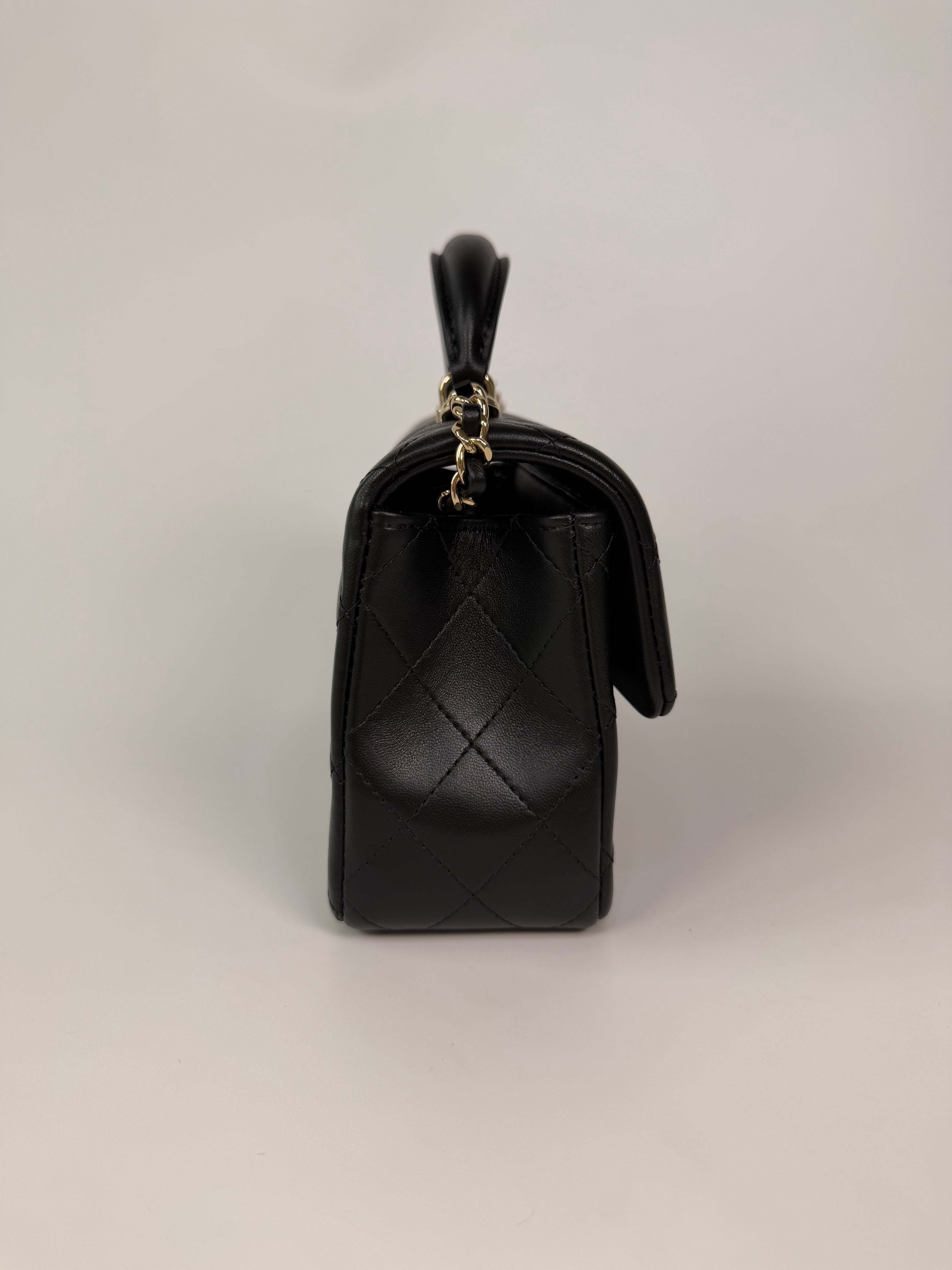 Chanel Mini Rectangle Top Handle In Black Lambskin Leather With Pale Gold Hardware