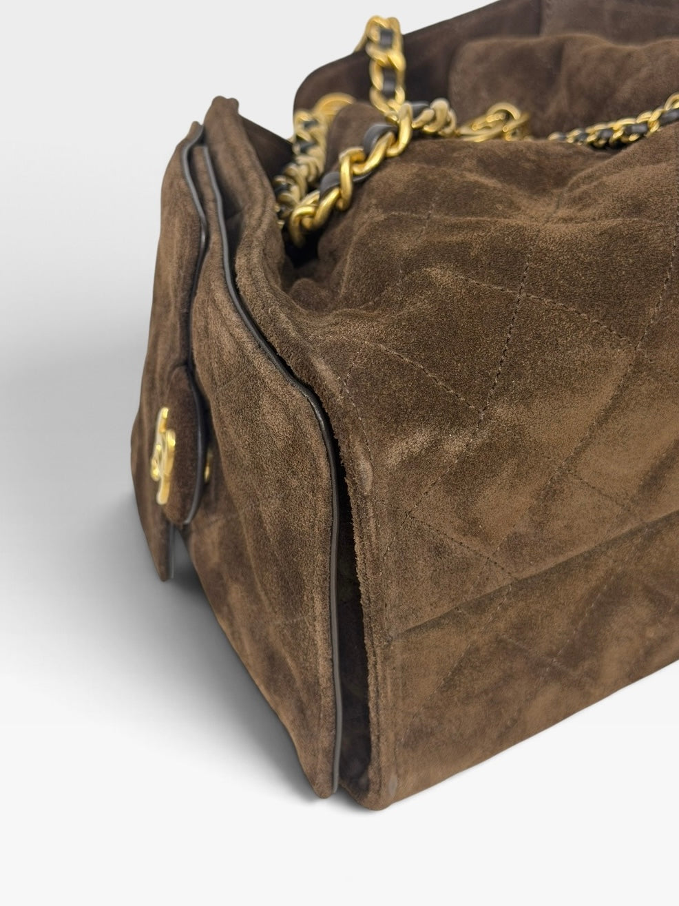 Chanel 25 Small In Brown Suede With Gold Hardware. 100% authentic and preloved in excellent condition