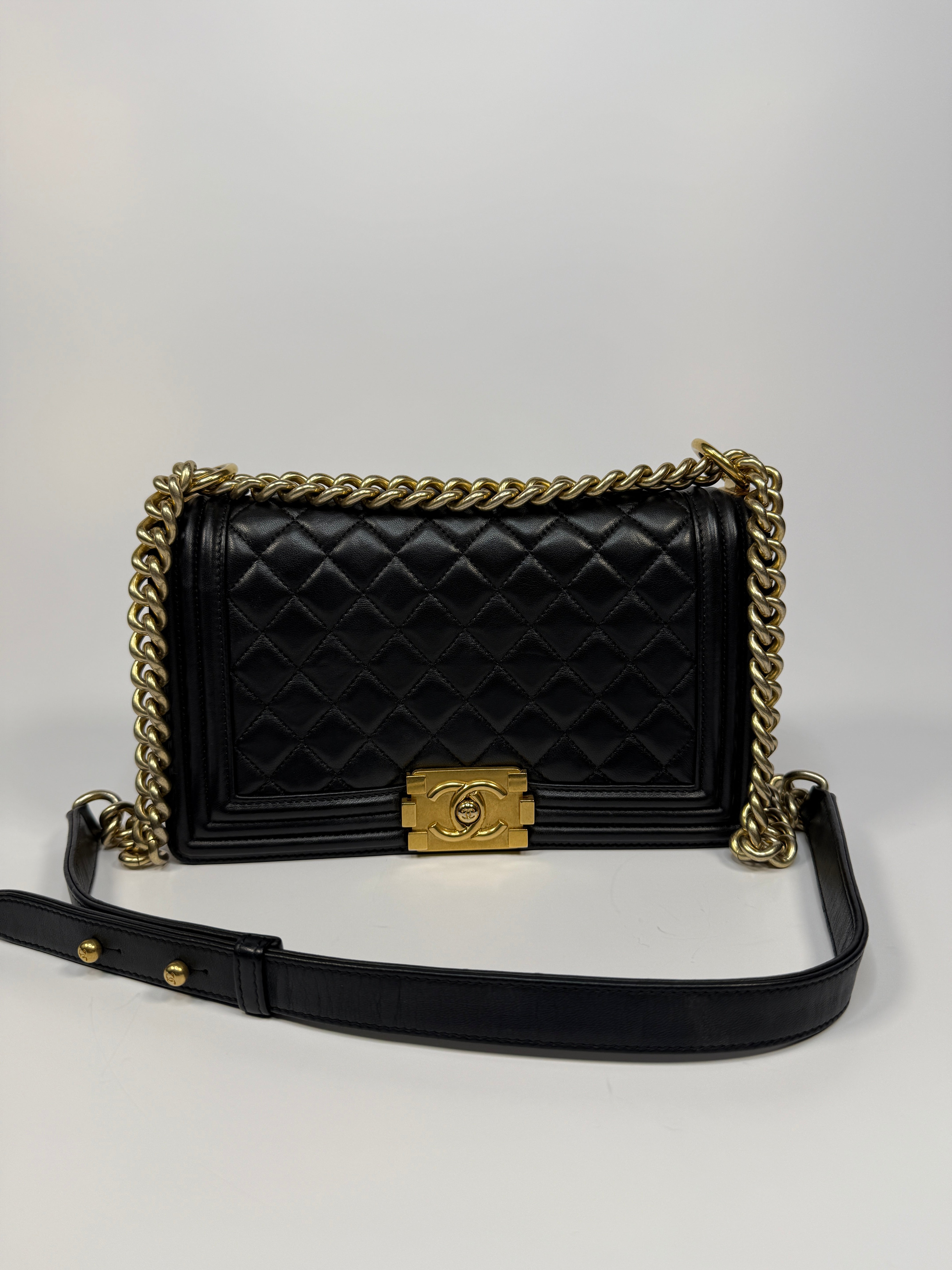 Chanel Boy Bag Medium In Black Lambskin Leather With Gold Hardware 
Pre Loved & Authentic 