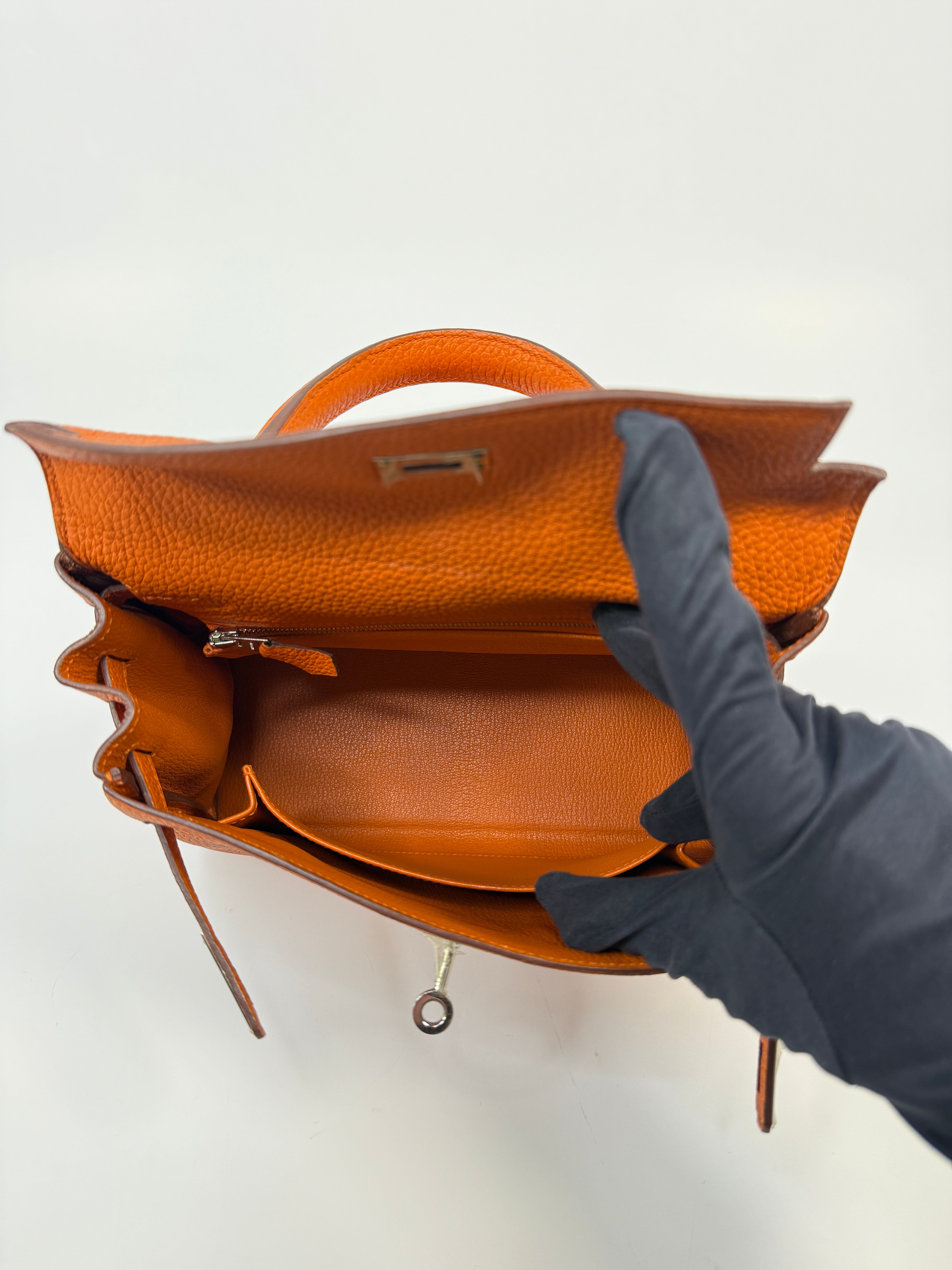 Authentic Pre Loved Hermès Kelly 25 In Orange Togo Leather With Palladium Hardware Excellent Condition
