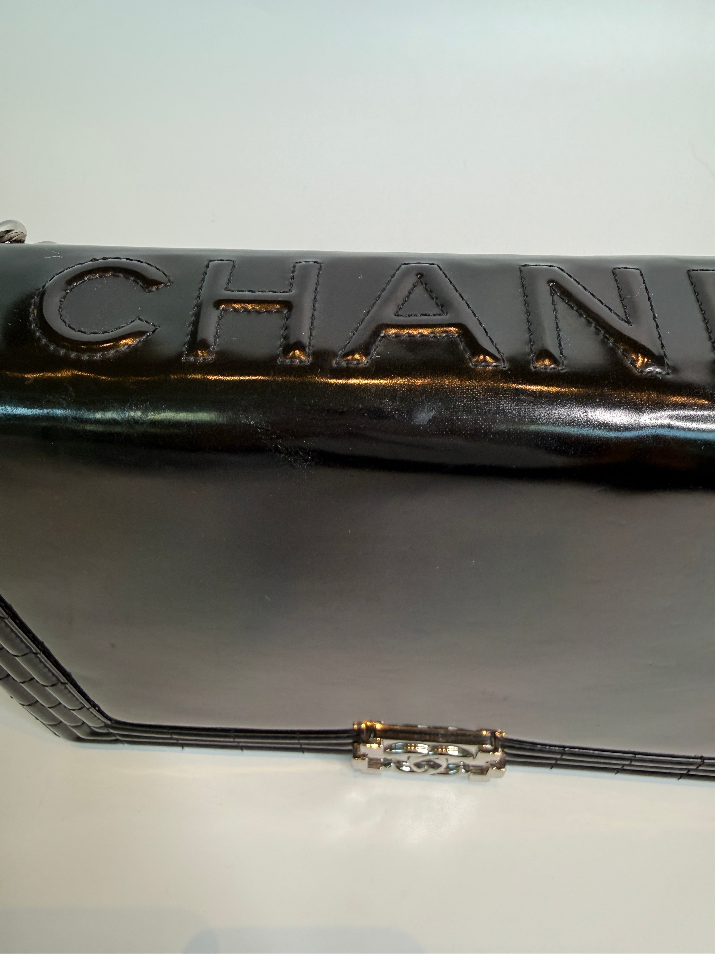 Authentic Pre Loved Chanel Large Boy Bag In Black Patent Leather With Silver Hardware