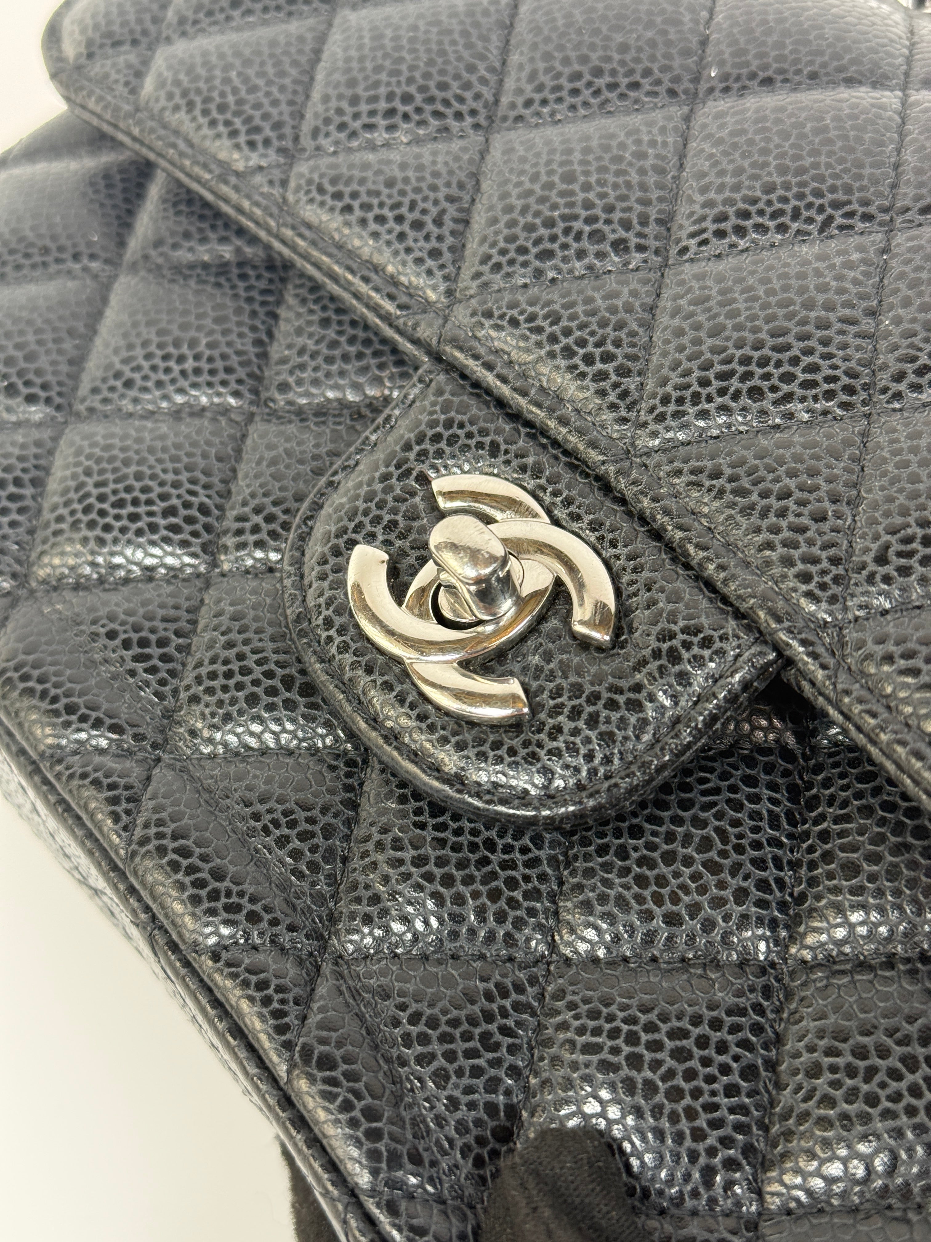 Chanel Small Classic Double Flap In Black Caviar Leather With Silver Hardware. Authentic and preloved in very good condition. 100% Authenticity guarantee 
