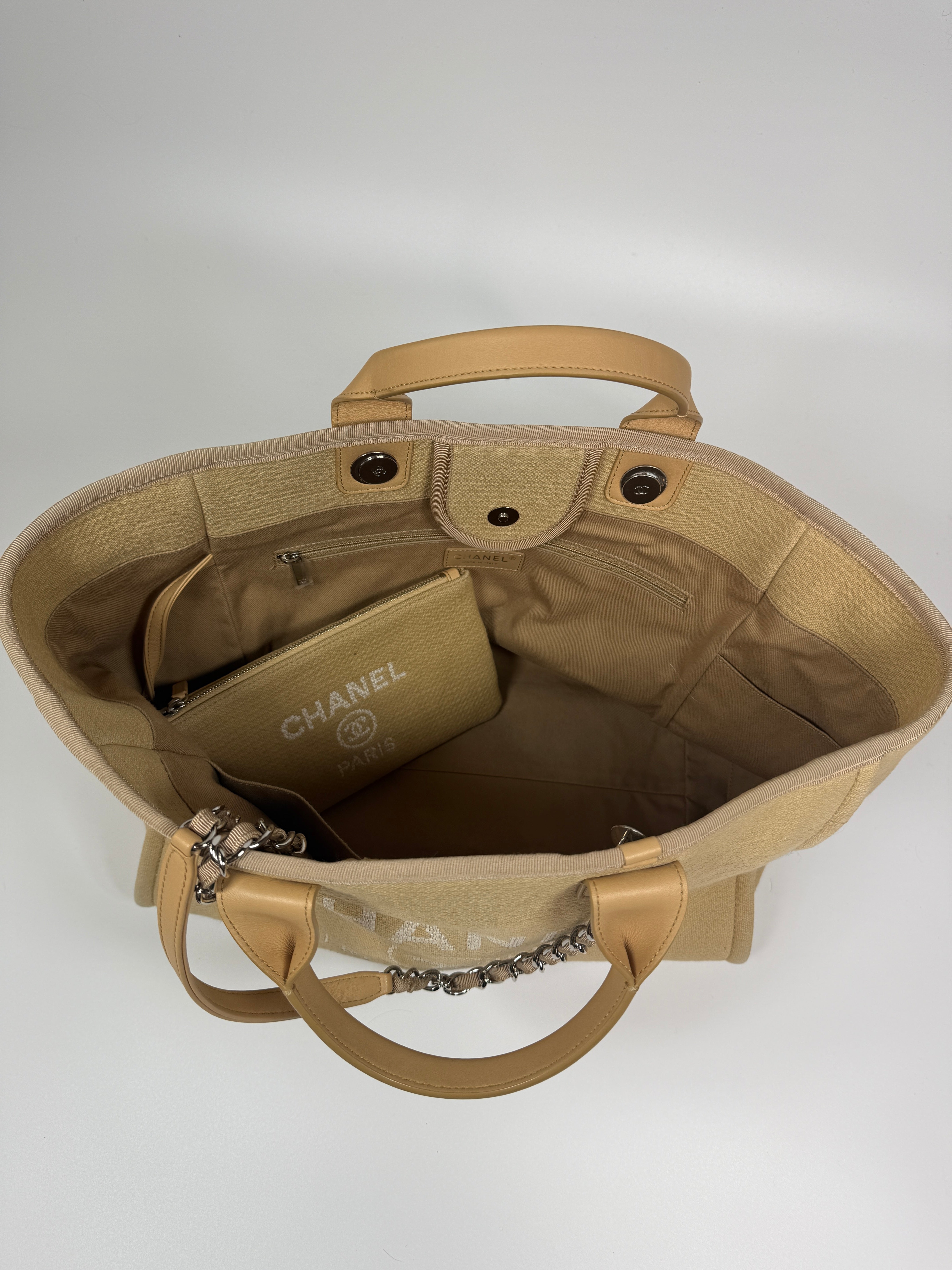 Chanel Large Deauville Tote Bag In Beige With Silver Hardware