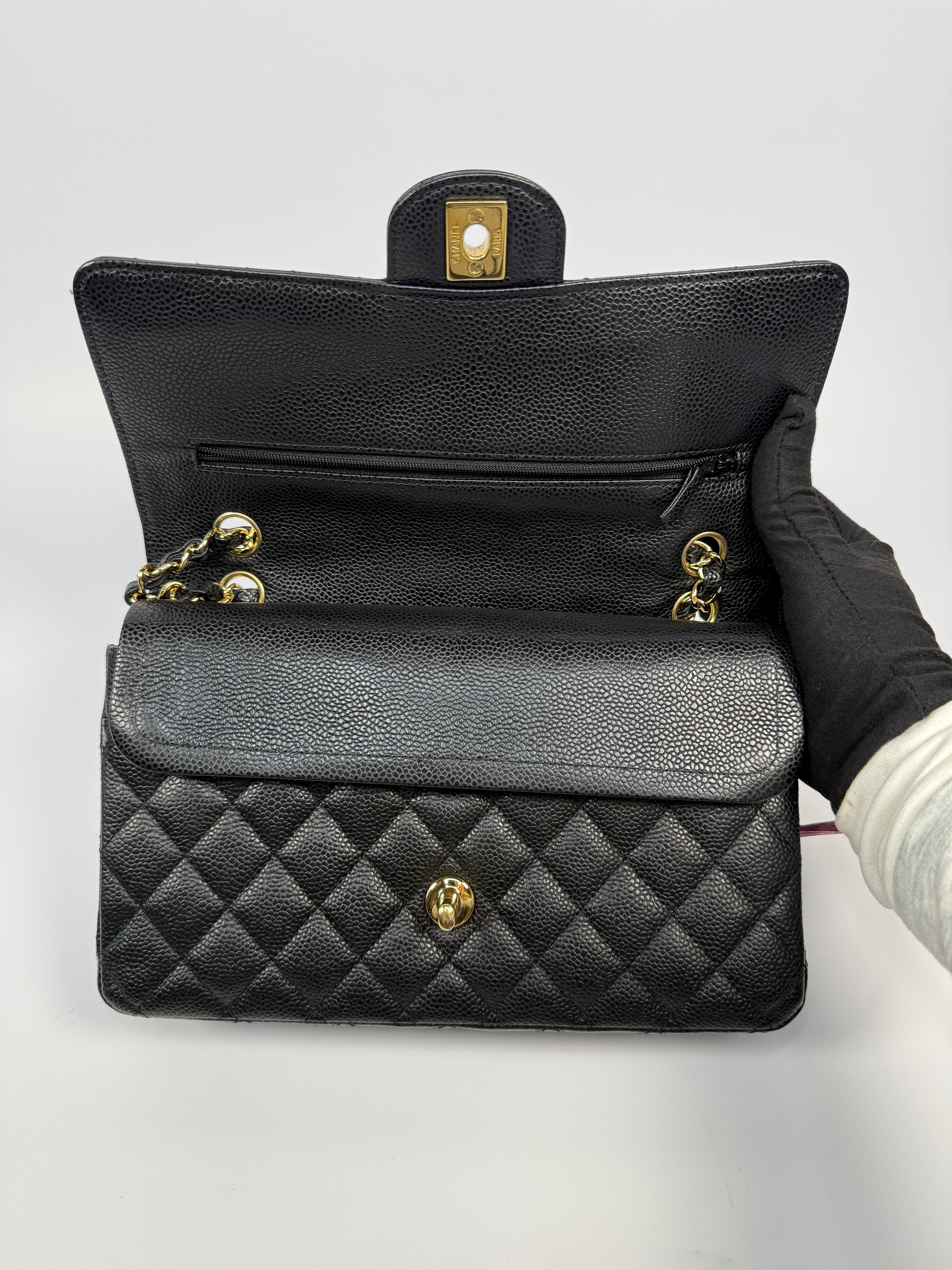 Chanel Medium Classic Double Flap Black Caviar With Gold Hardware, Authentic And Preloved In Excellent Condition 