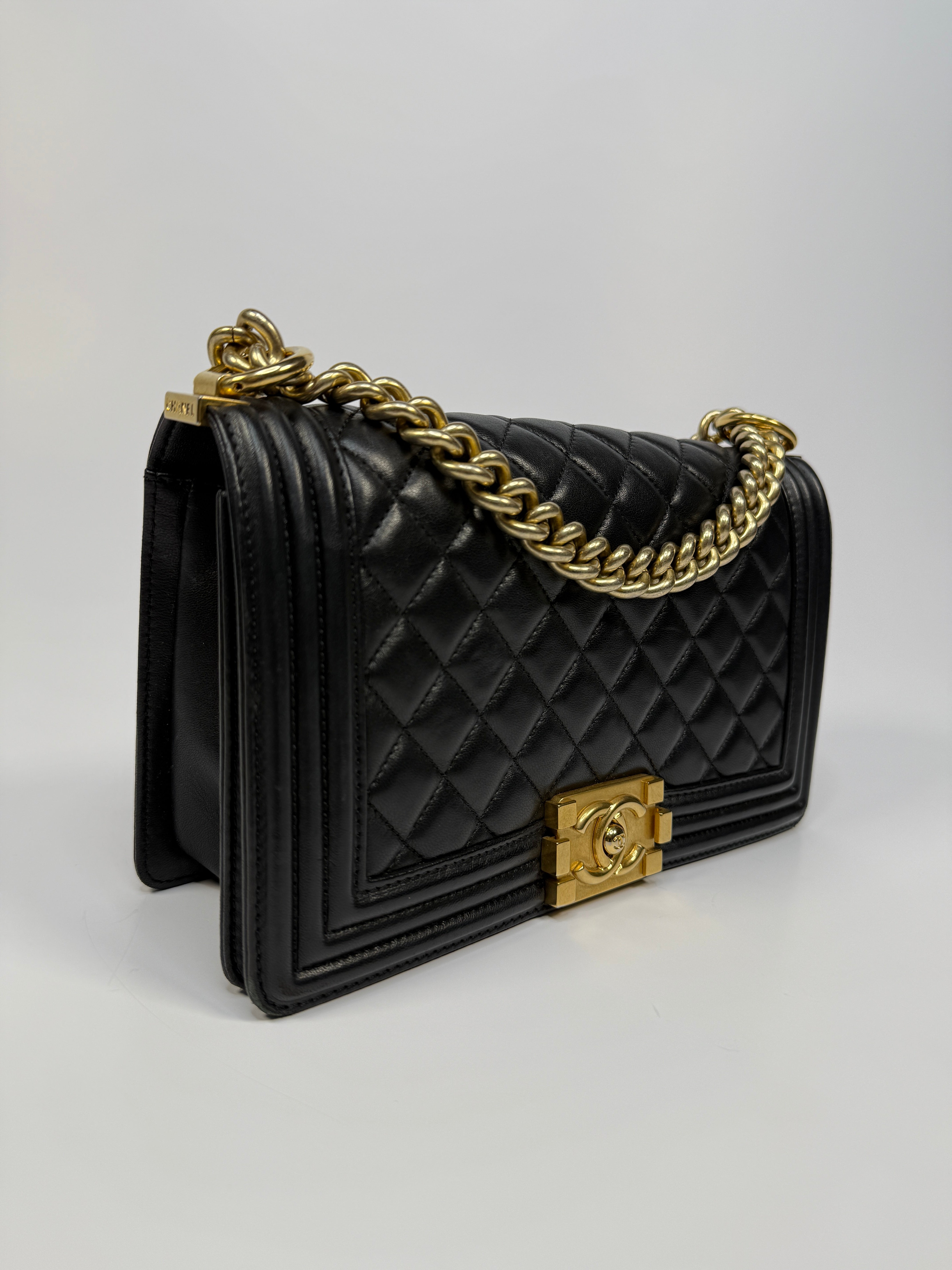 Chanel Boy Bag Medium In Black Lambskin Leather With Gold Hardware 
Pre Loved & Authentic 