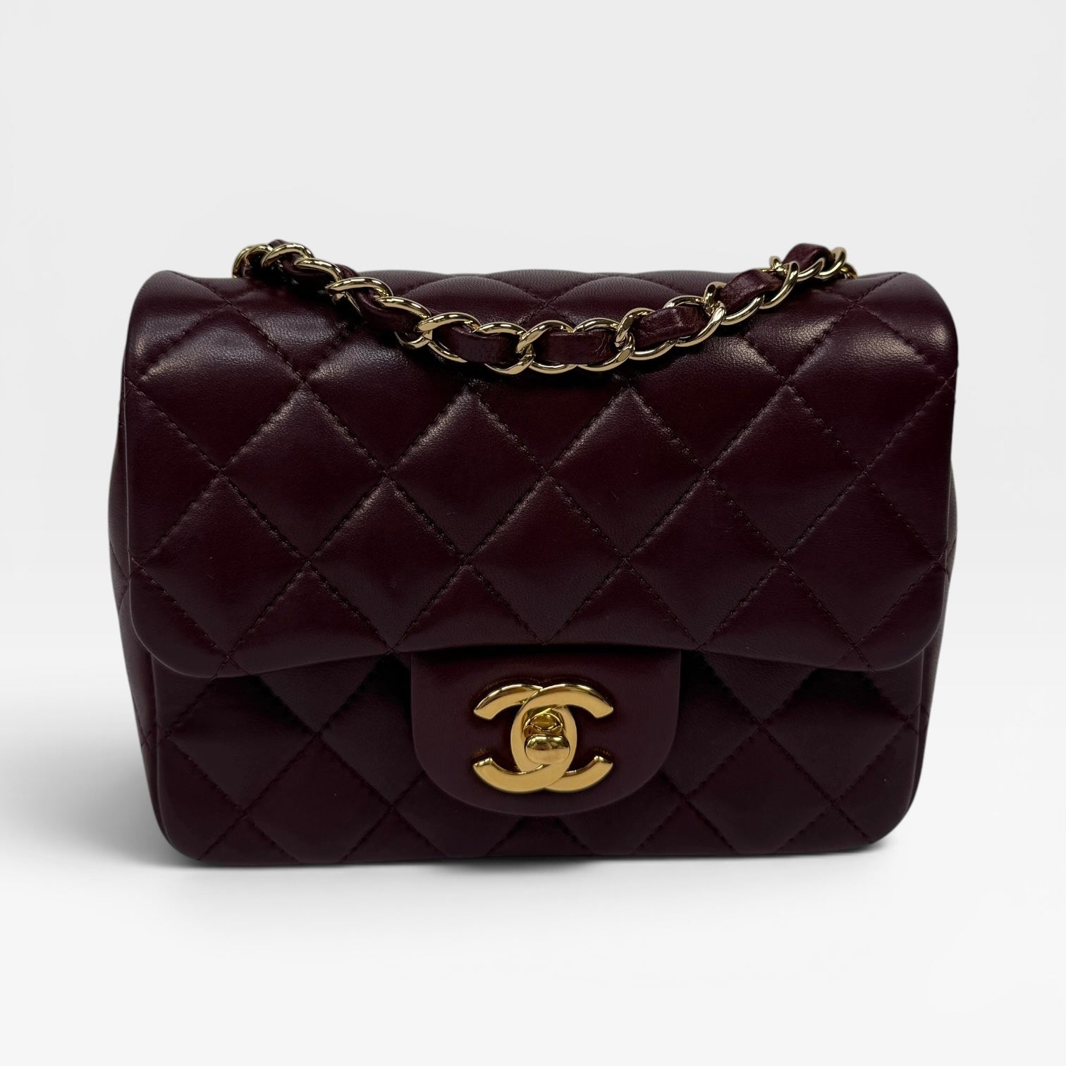 Chanel Mini Square In Burgundy Lambskin Leather With GHW
