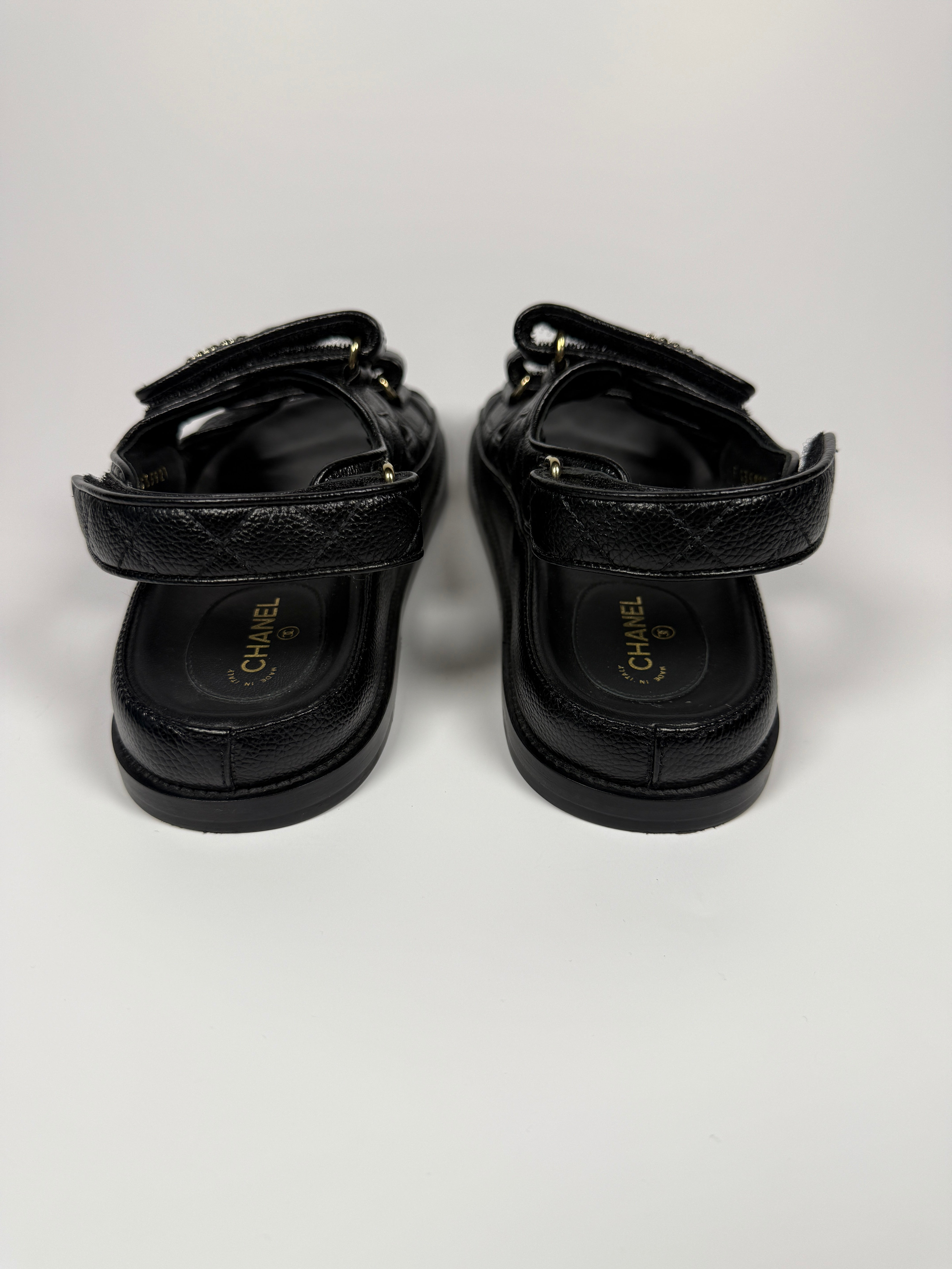 Chanel Black Leather Dad Sandals (Size 38.5/UK5.5) 100% Authentic and preloved. Excellent condition