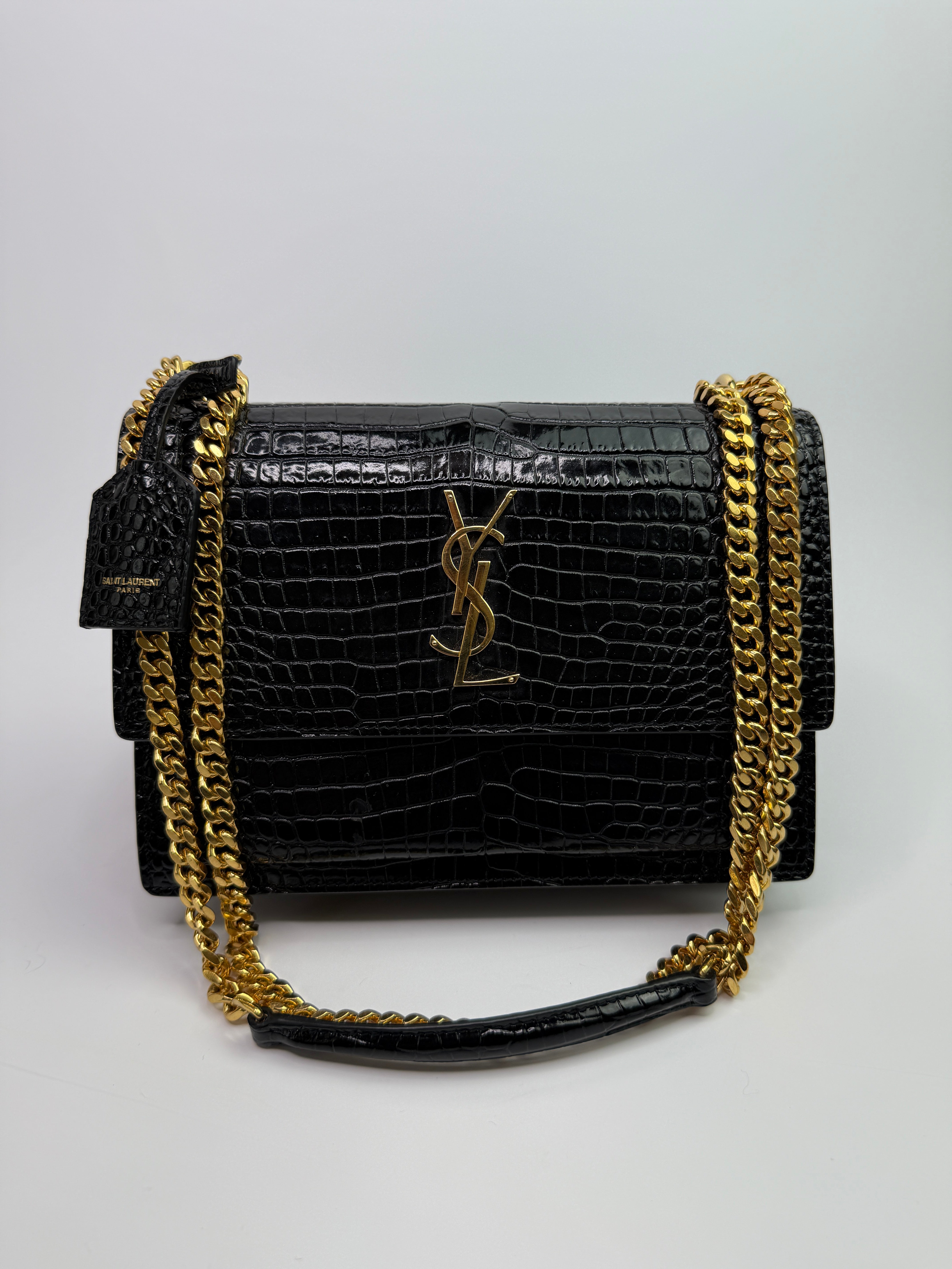 Saint Laurent Black Croc Embossed Sunset Bag
