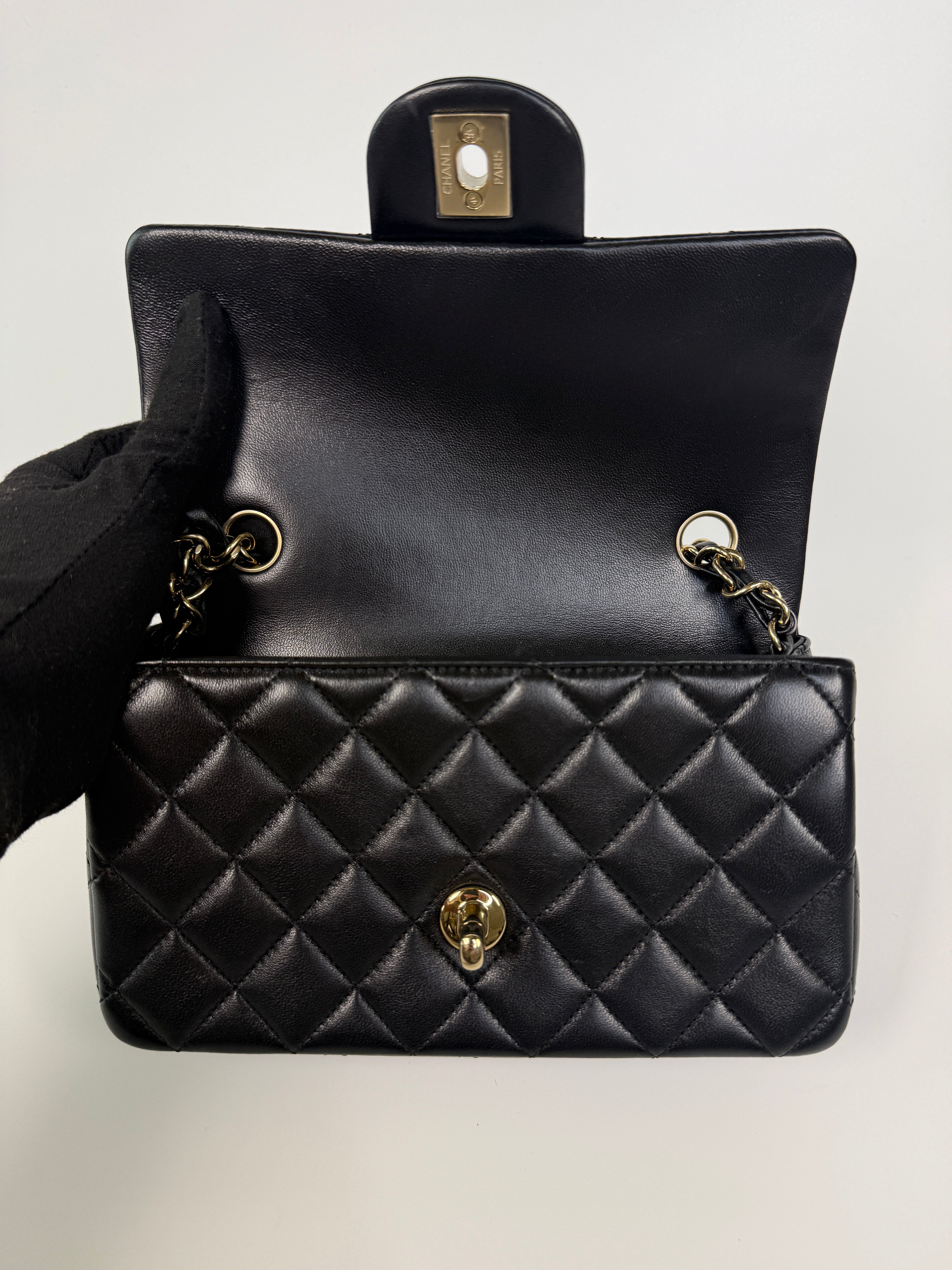 Chanel Mini Rectangle In Black Lambskin Leather With Pale Gold Hardware