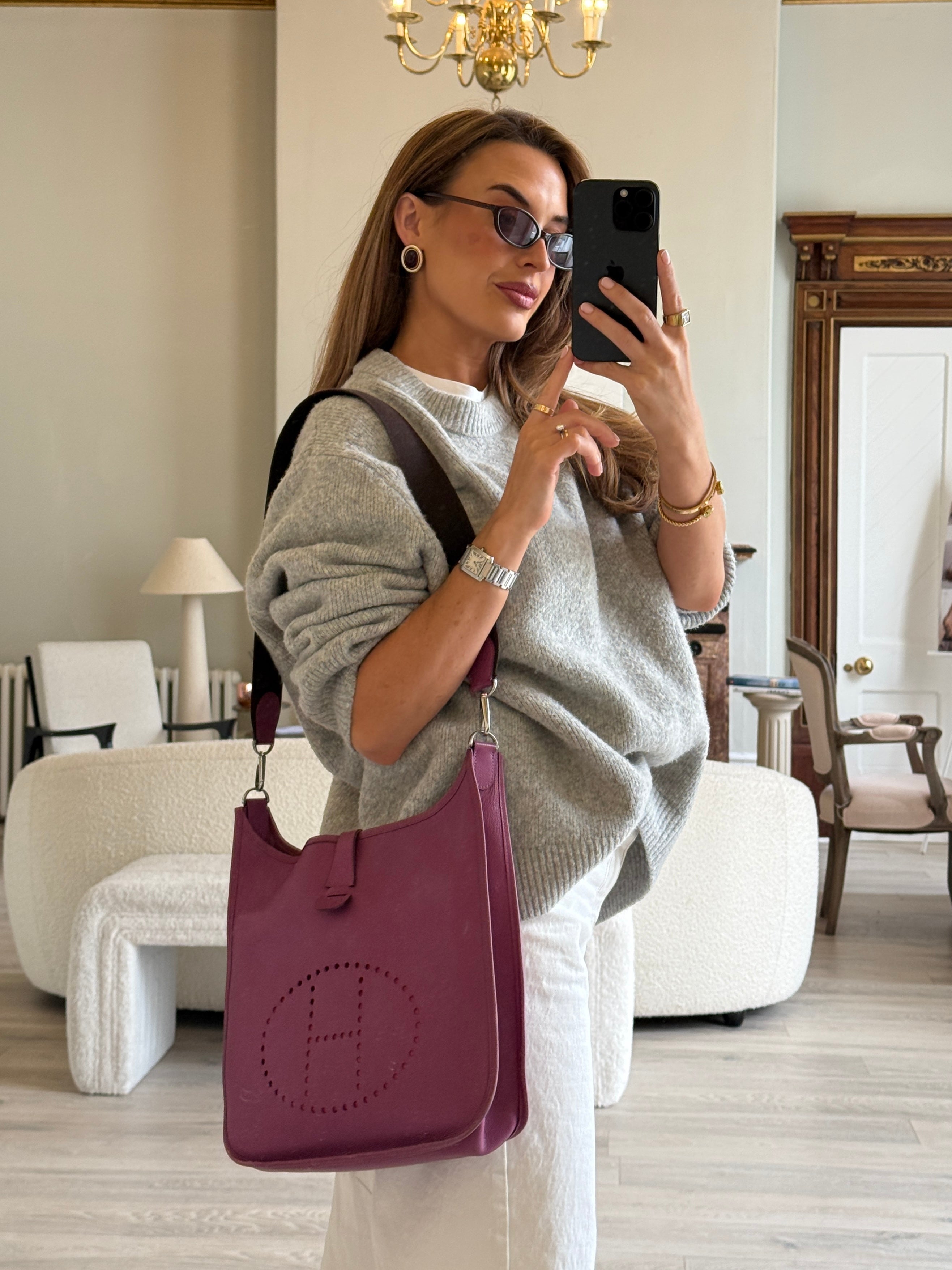 Authentic and preloved Hermès Evelyne 29 In Purple Clemence Leather With Palladium Hardware. Good Condition. 100% Authenticity Guarantee 