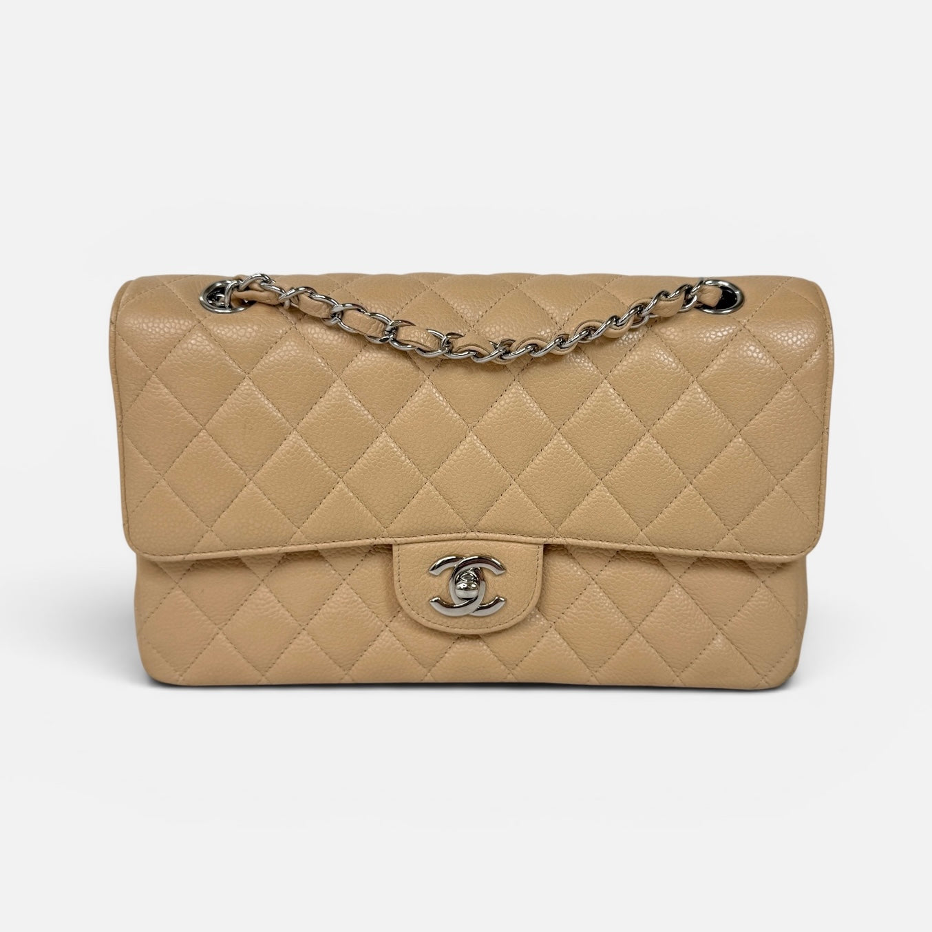 Chanel Medium Classic Double Flap Light Beige Caviar Leather With SHW