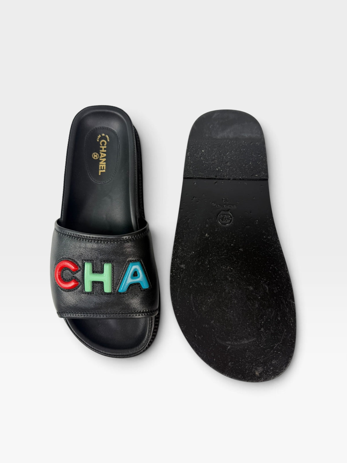 Chanel Multicolour Logo Slide Sandals In Black Leather. 100% authentic and preloved in excellent condition