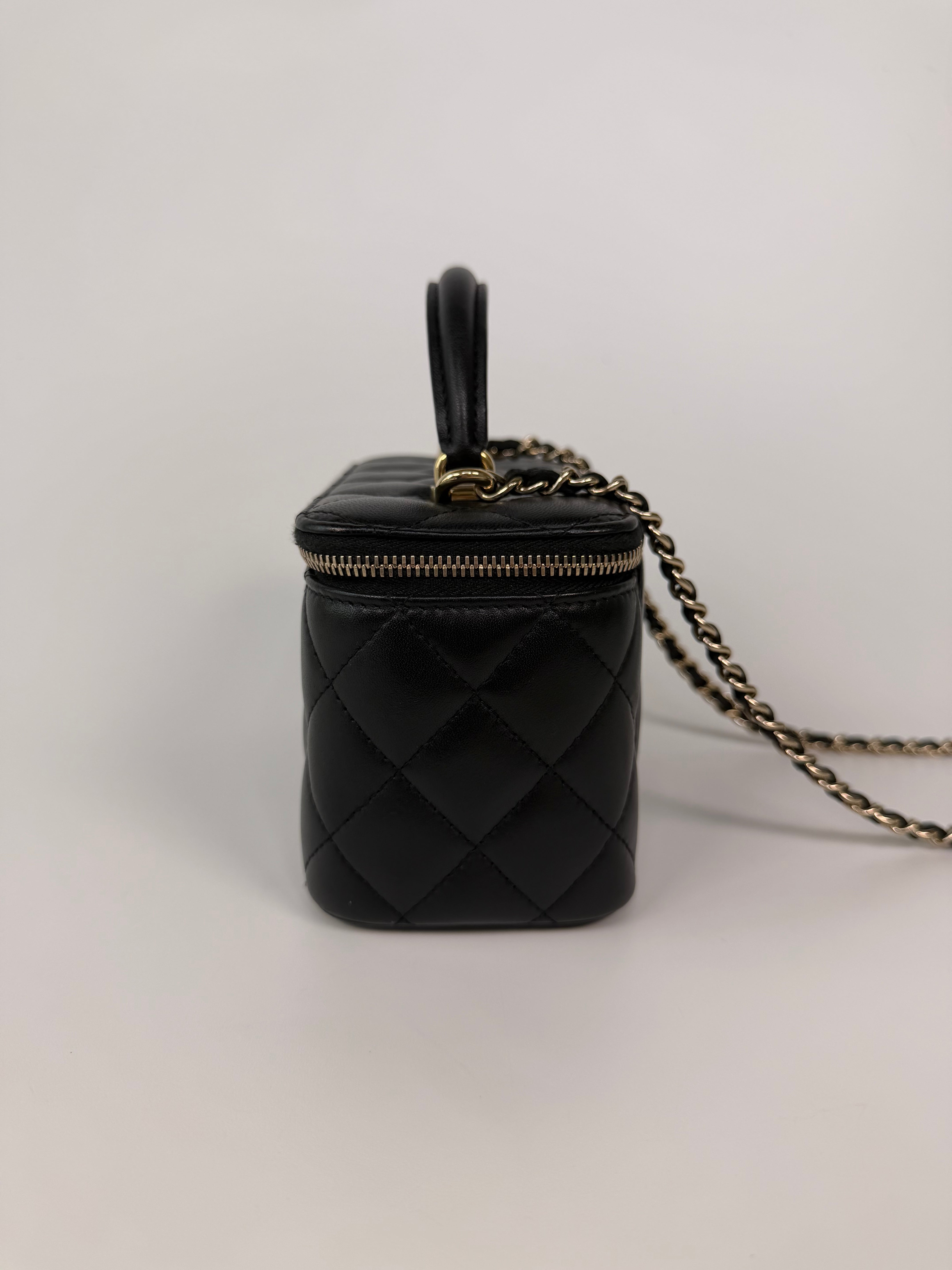 Chanel Vanity Top Handle In Black Lambskin With Pale Gold Hardware